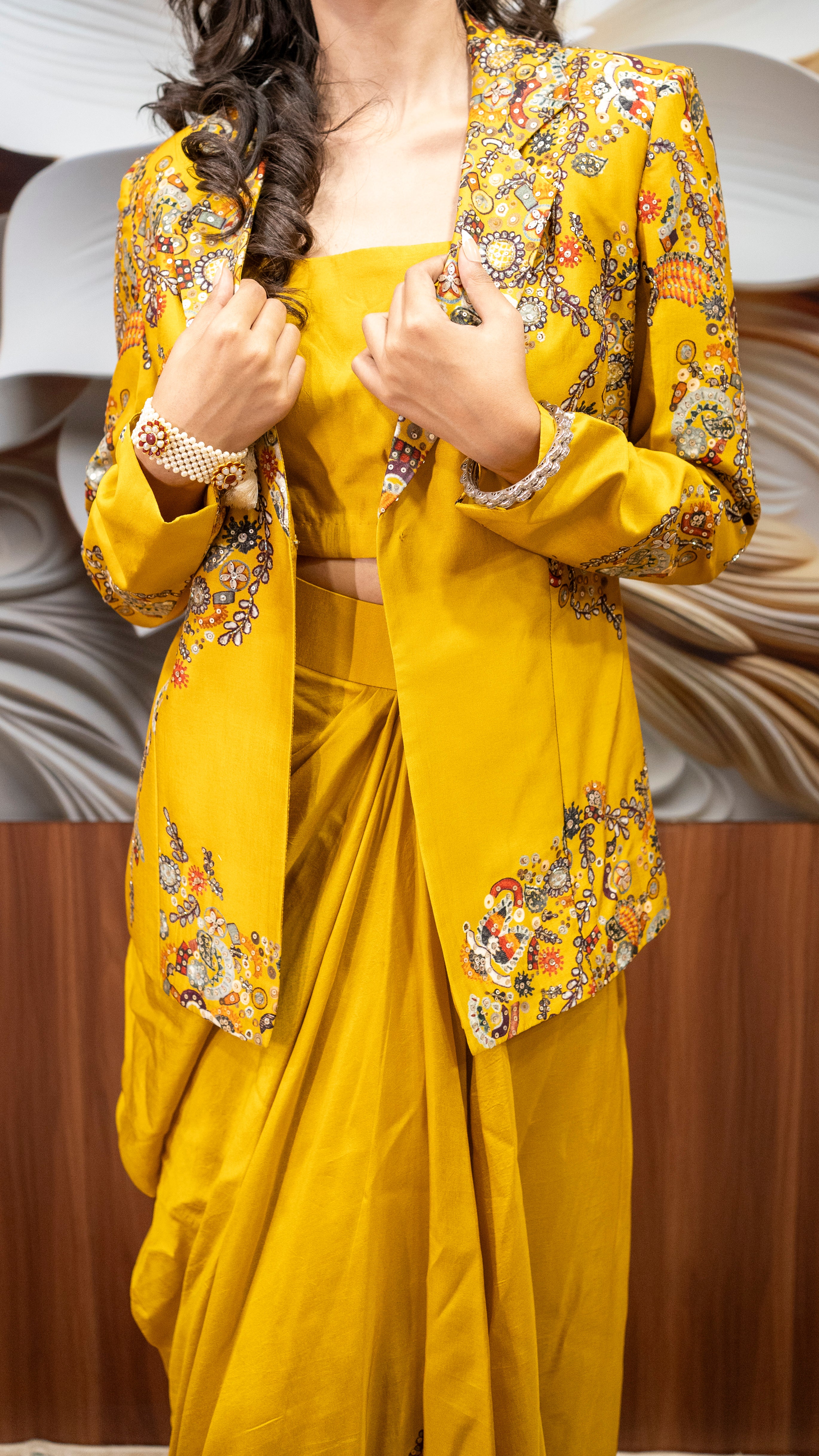 Mustard Yellow Drape Skirt with Embroidered Blazer Set