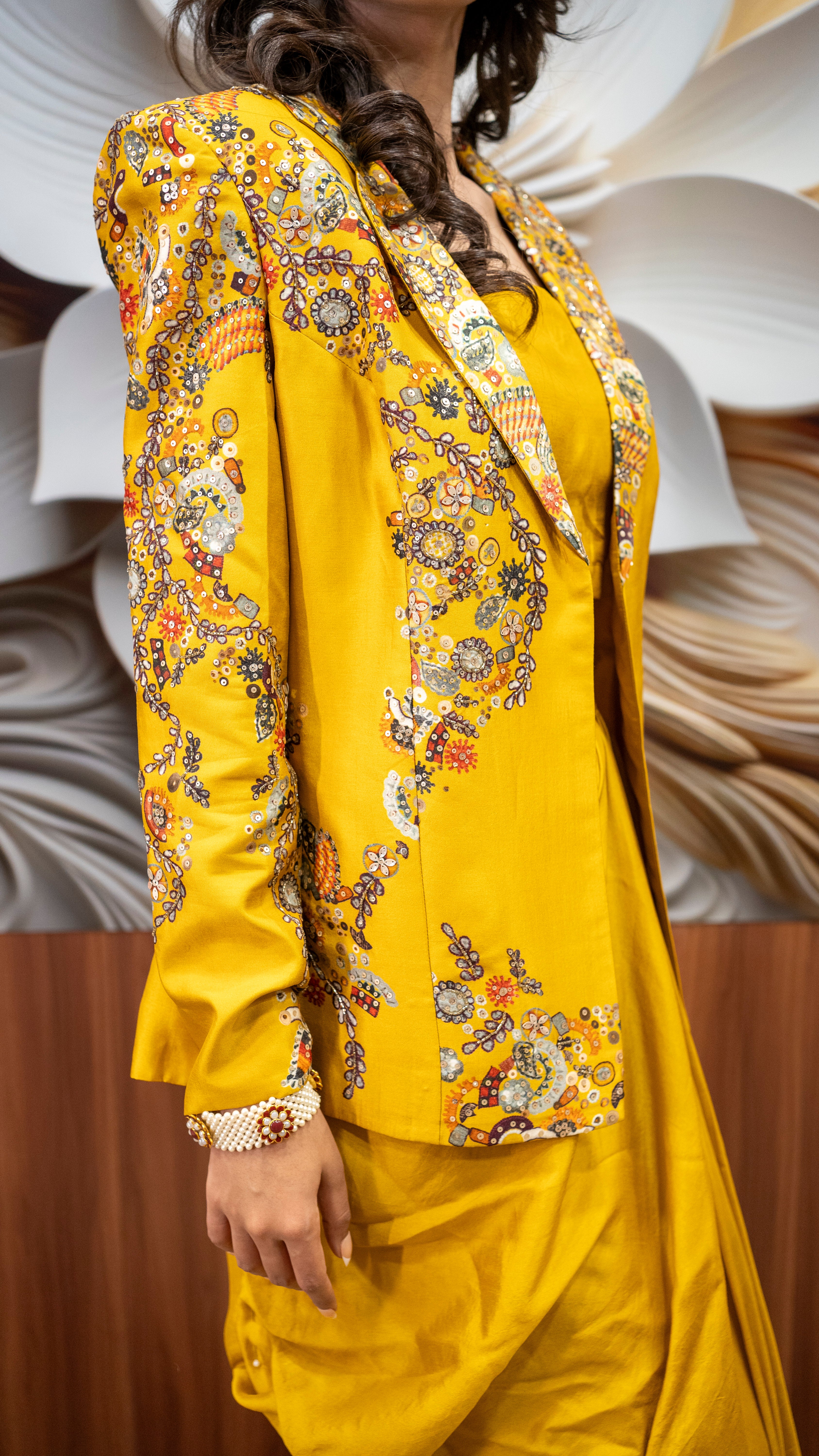 Mustard Yellow Drape Skirt with Embroidered Blazer Set