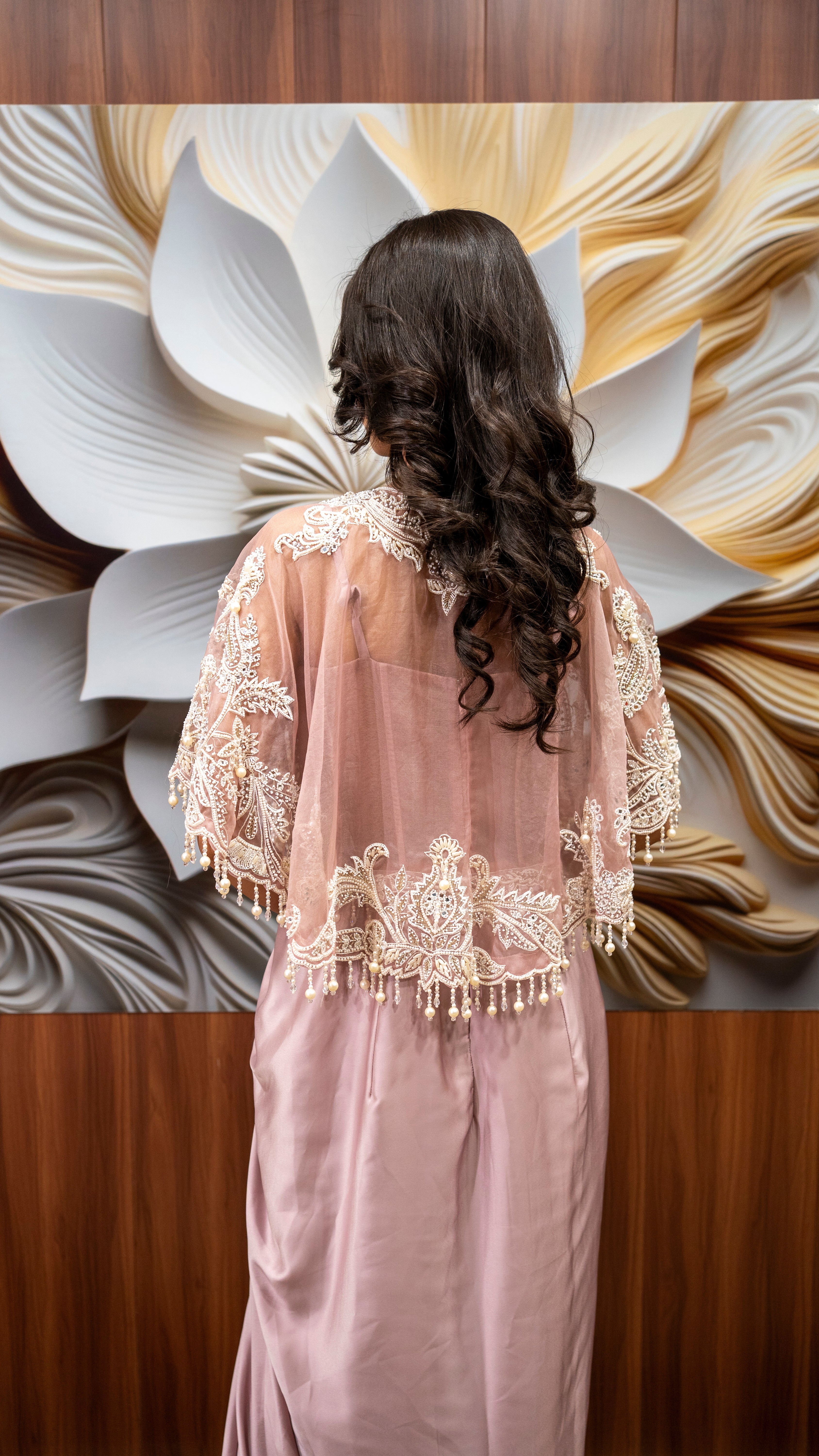 Blush Pink Indo-Western Drape Saree Set with Cape