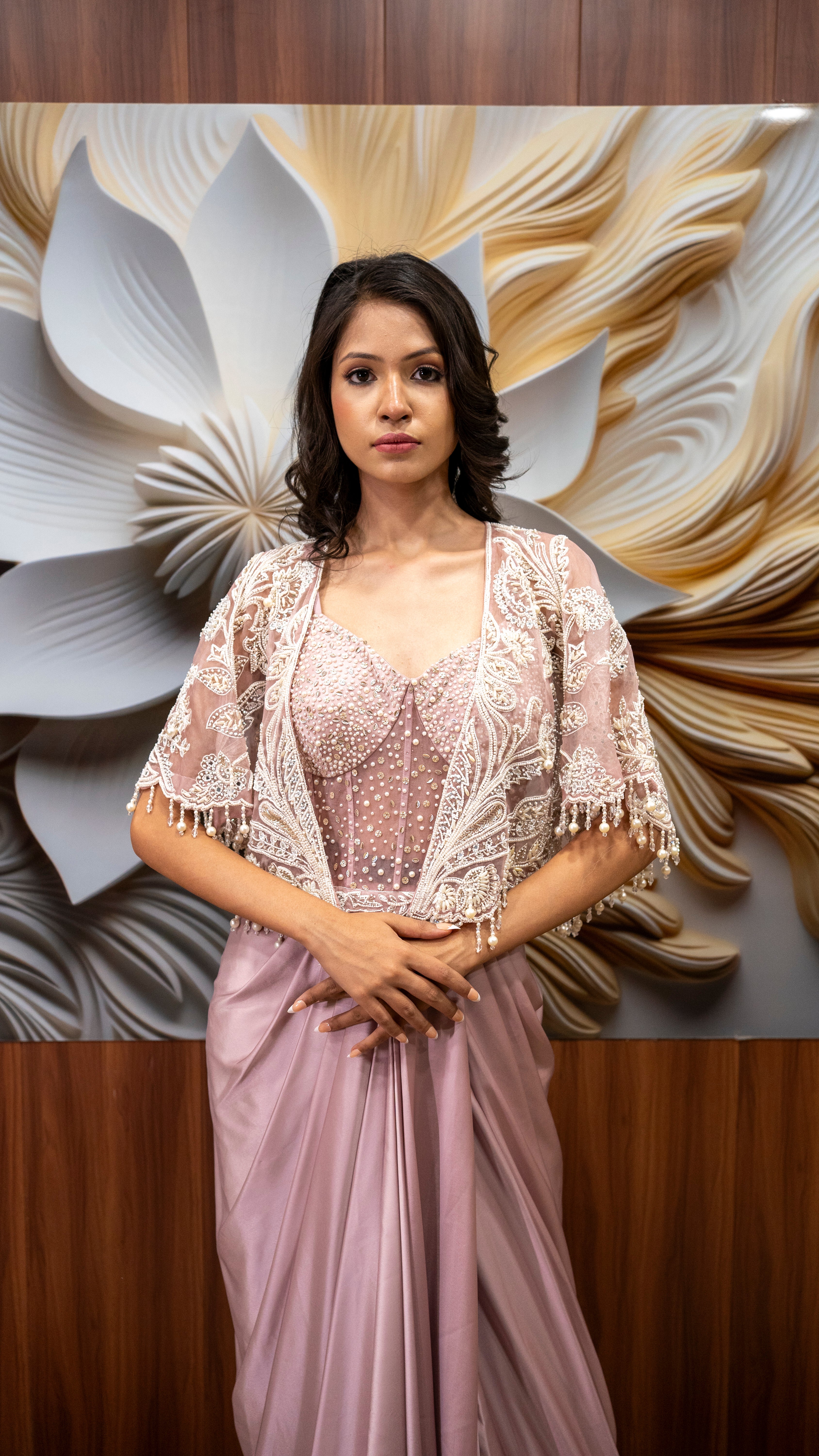 Blush Pink Indo-Western Drape Saree Set with Cape