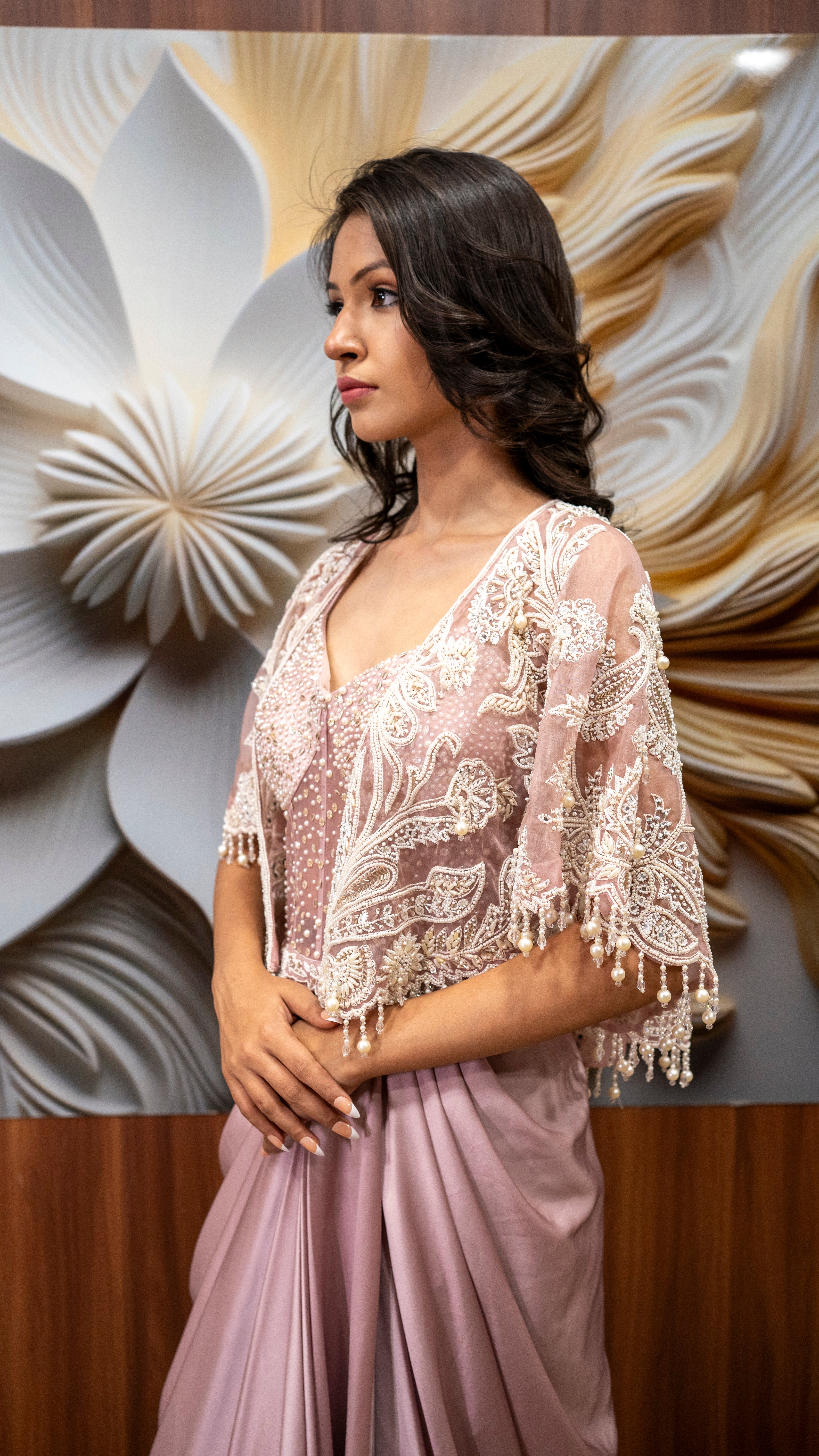Blush Pink Indo-Western Drape Saree Set with Cape