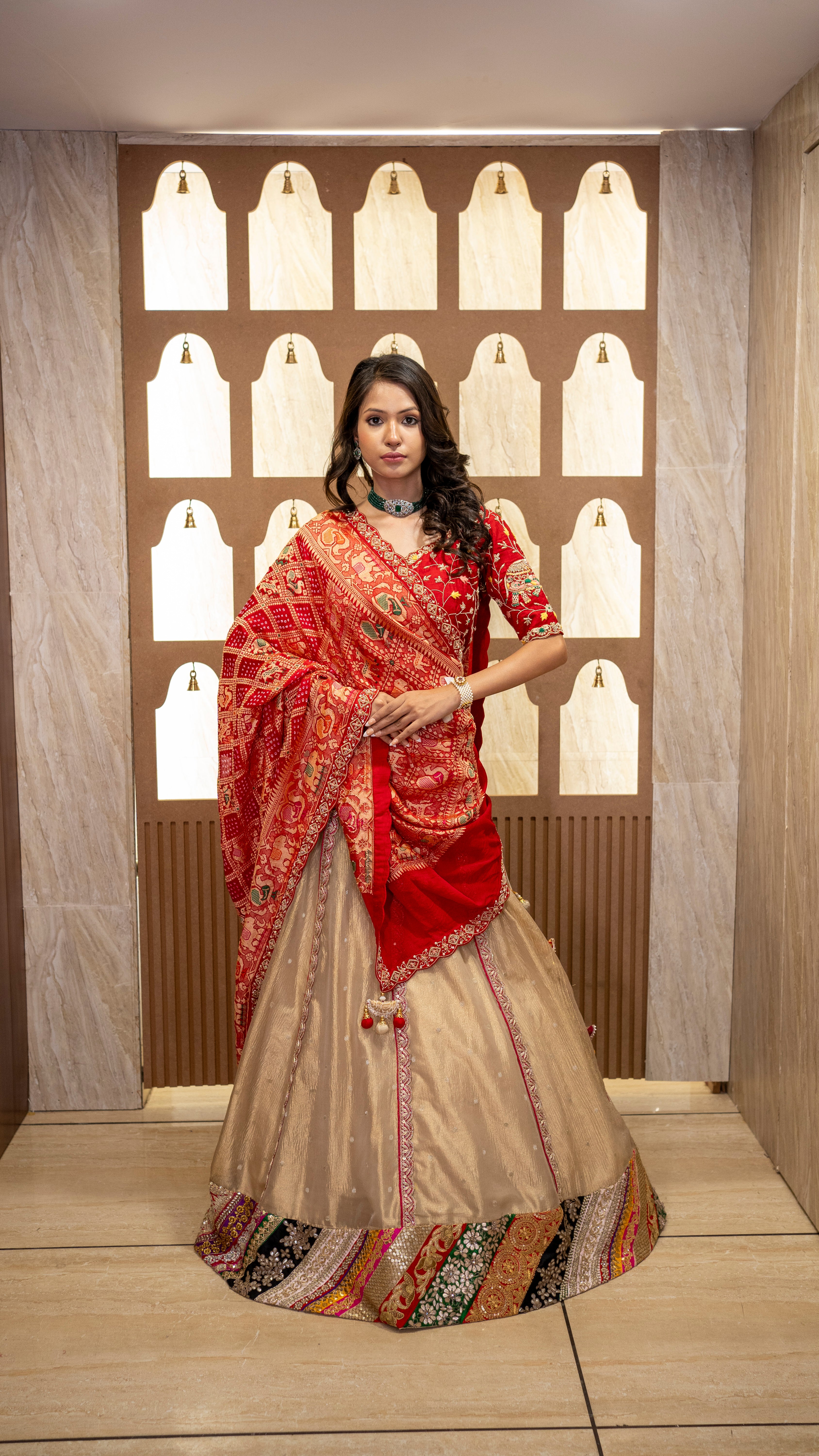 Traditional Red & Beige Lehenga Set with Bandhani Dupatta