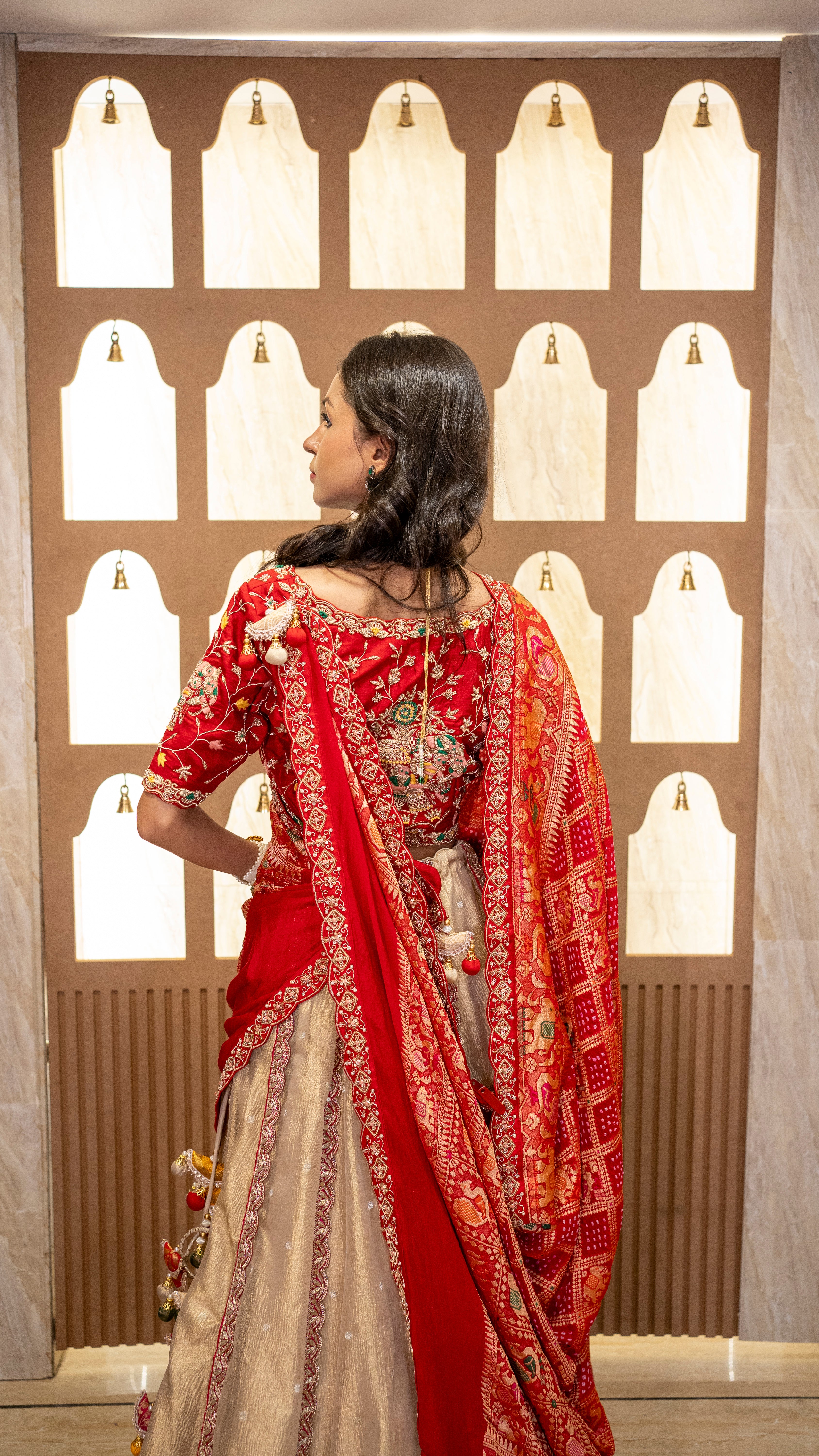 Traditional Red & Beige Lehenga Set with Bandhani Dupatta