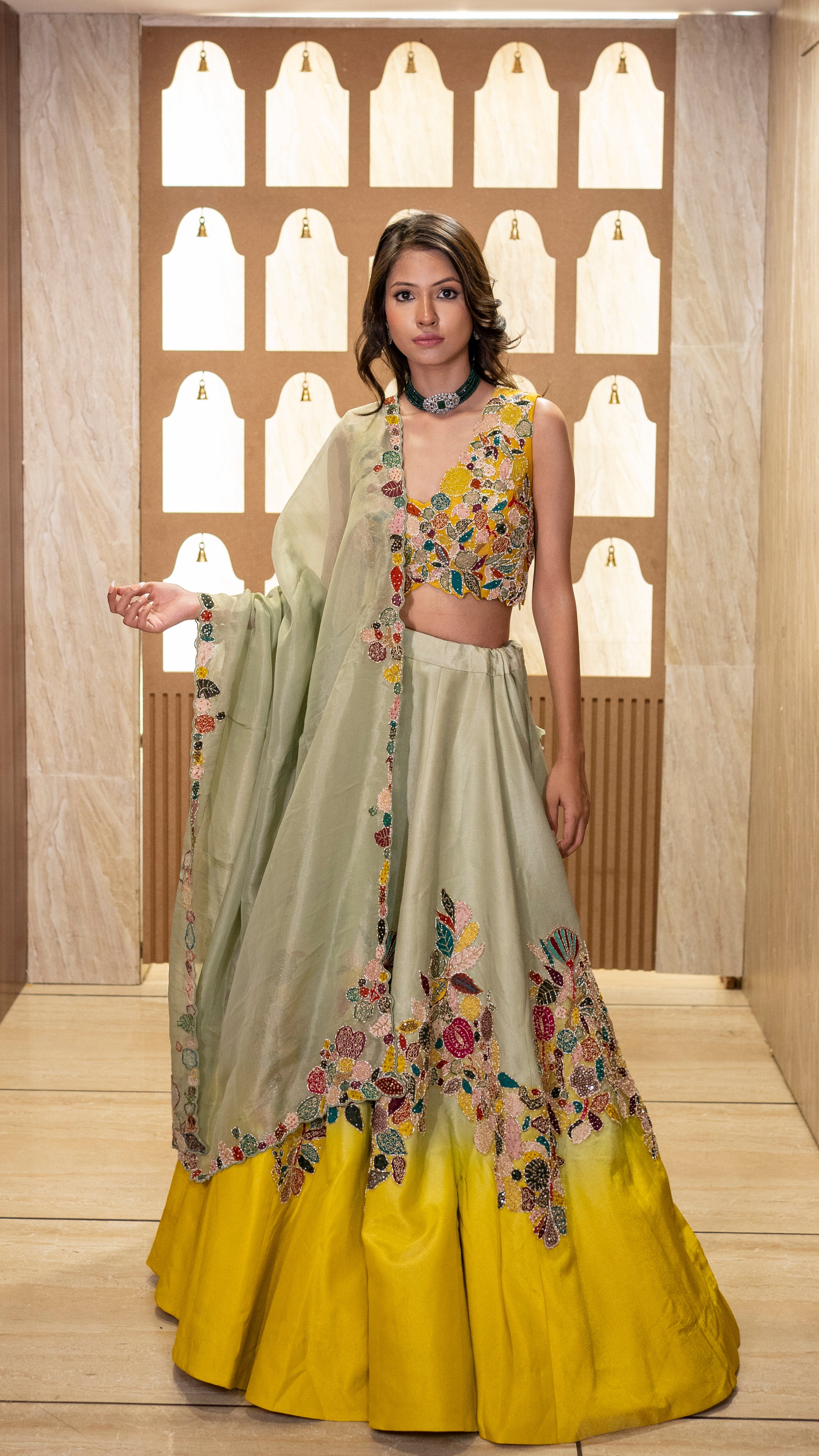 Sea‑Sage & Marigold Floral Embroidered Lehenga Set