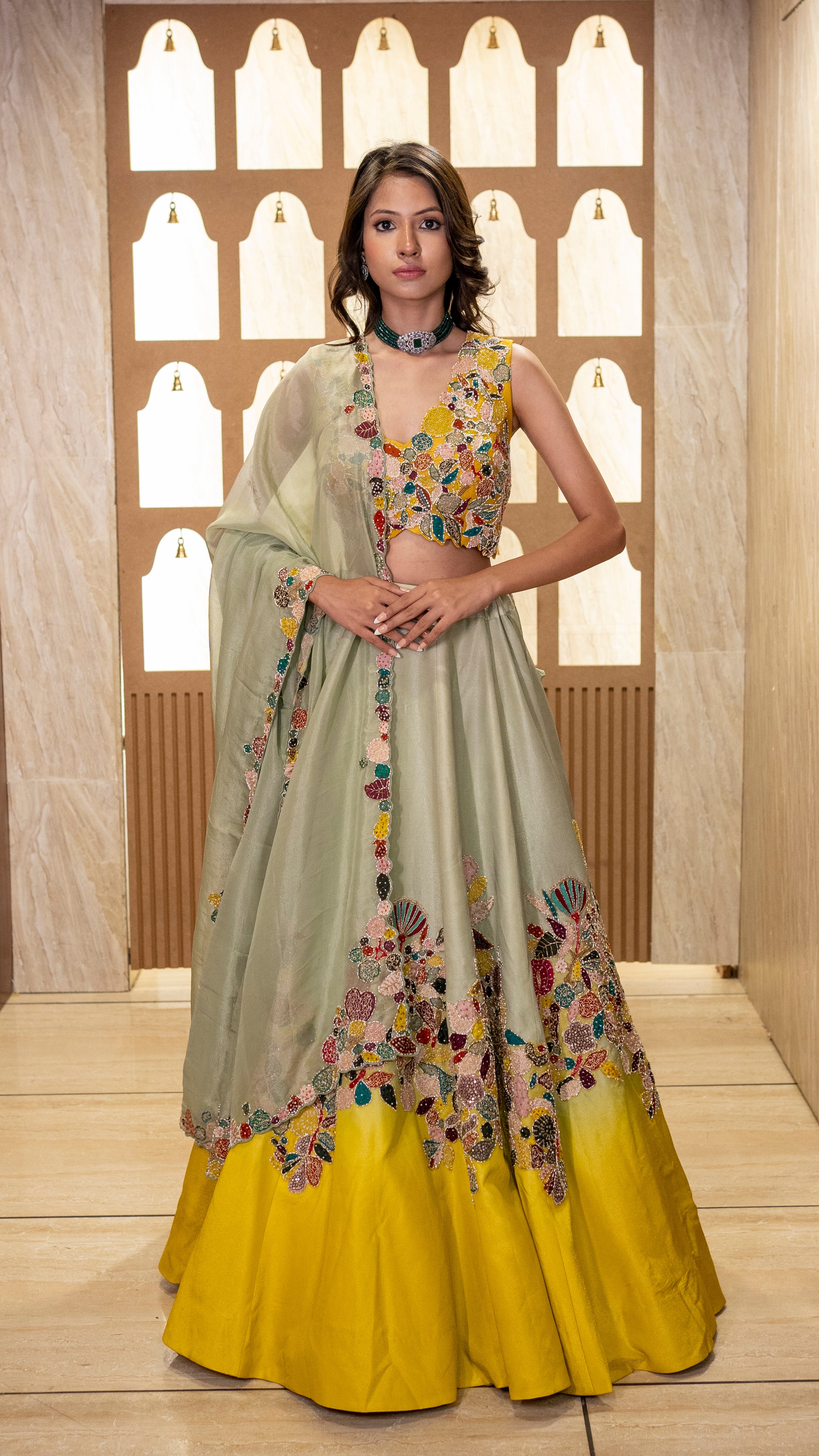 Sea‑Sage & Marigold Floral Embroidered Lehenga Set