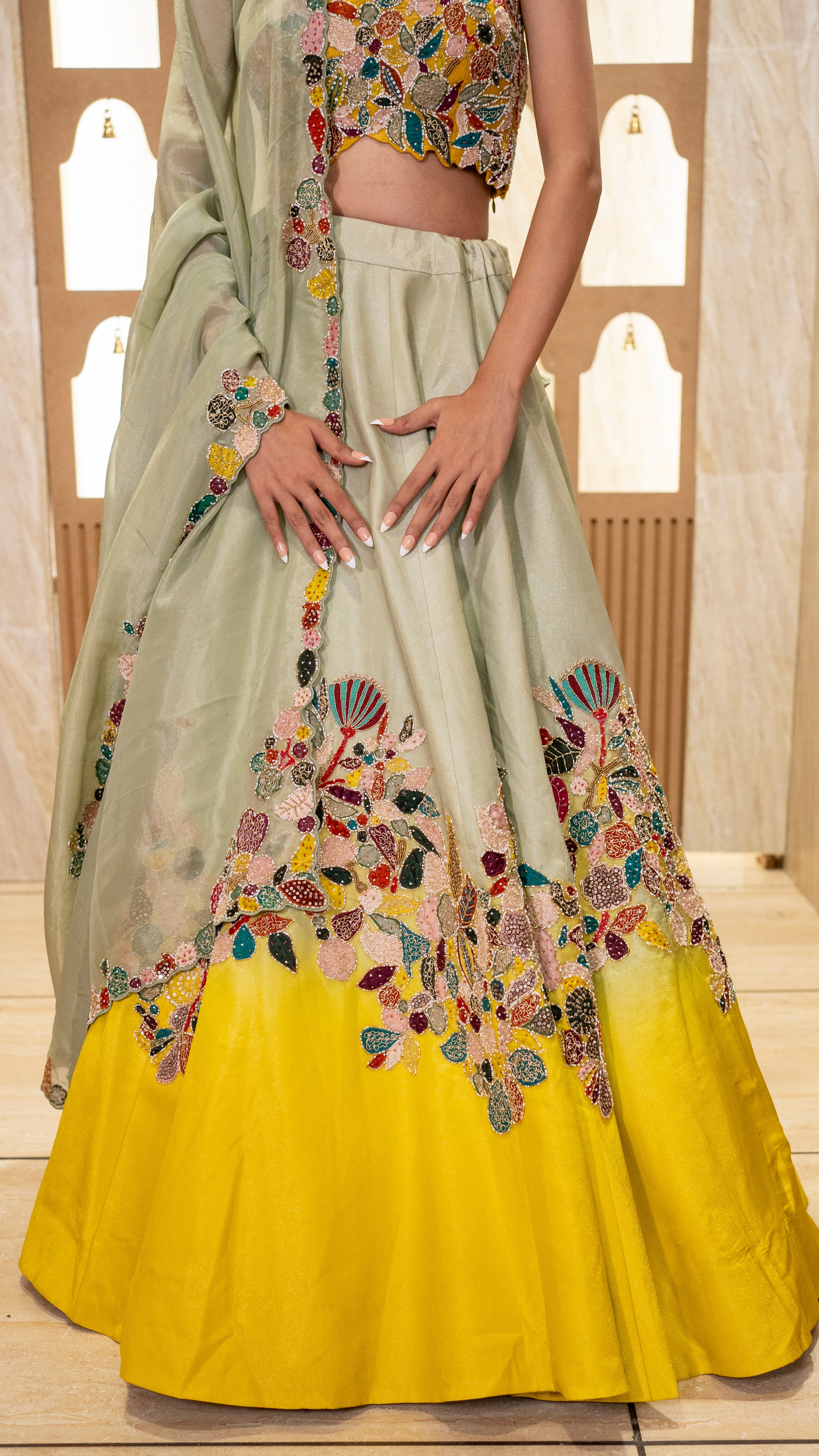 Sea‑Sage & Marigold Floral Embroidered Lehenga Set