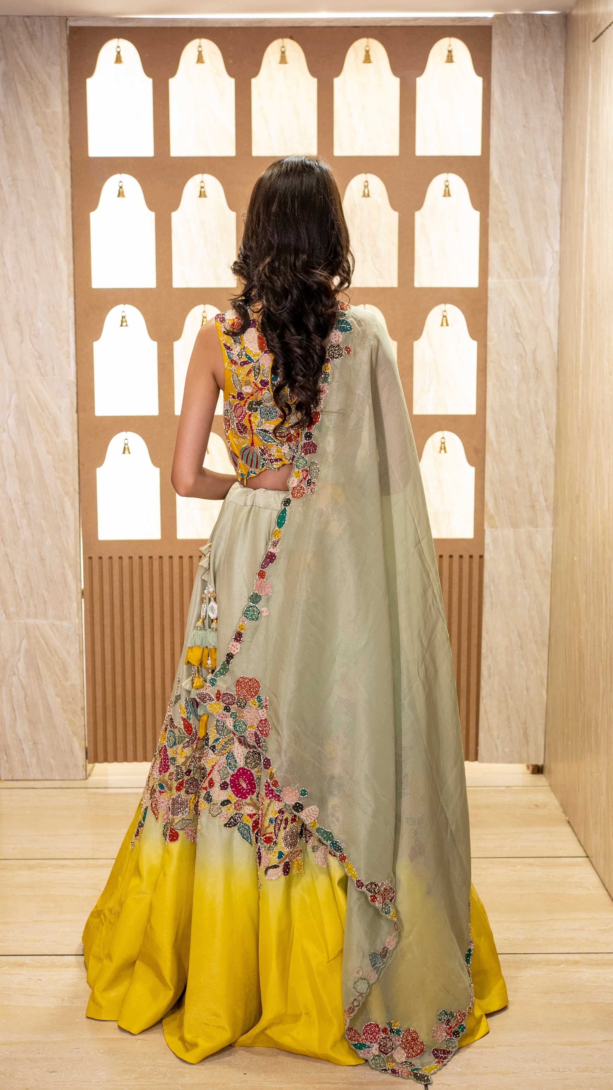 Sea‑Sage & Marigold Floral Embroidered Lehenga Set