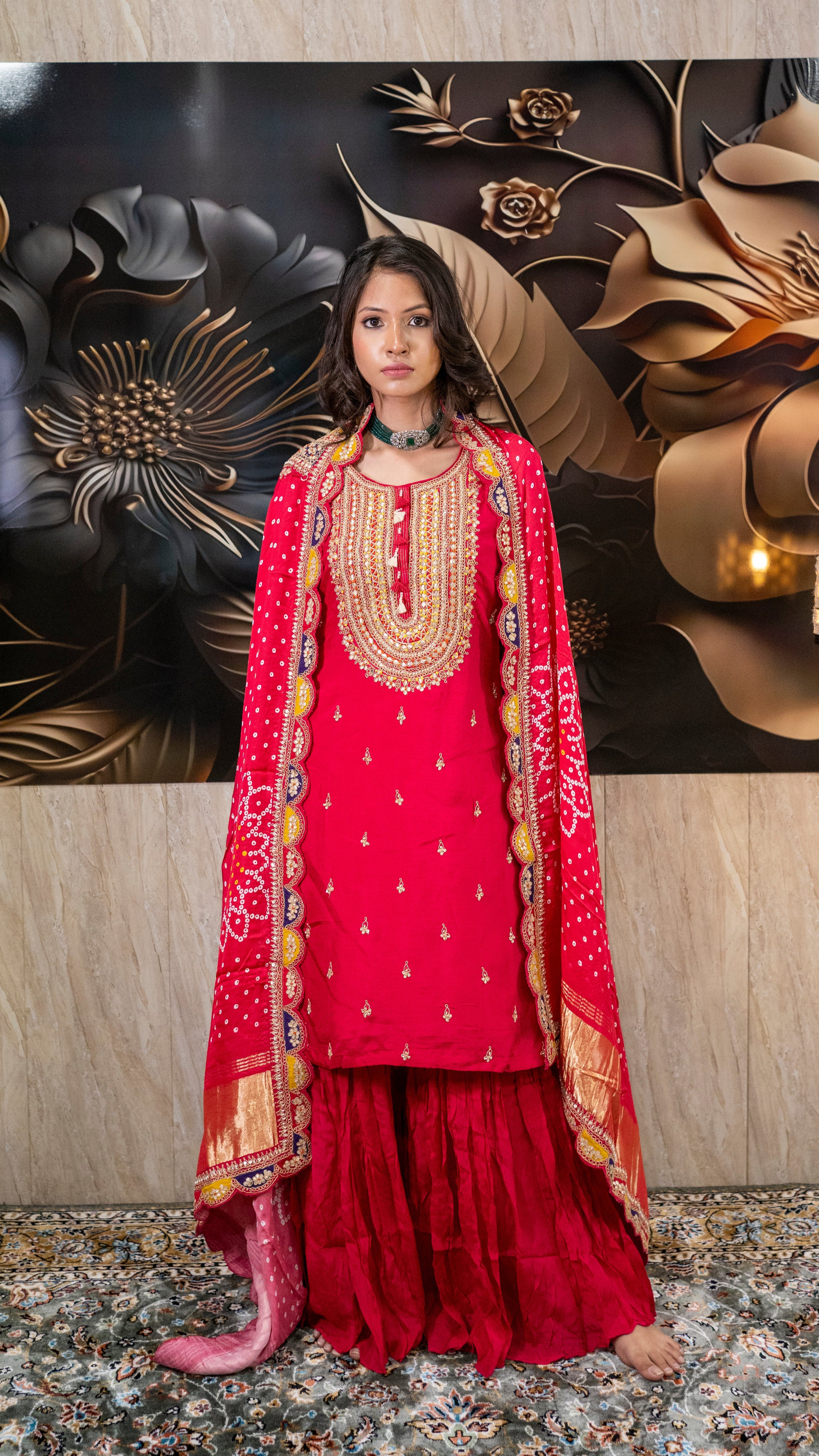 Red Hand-Embroidered Gota Patti Sharara Set