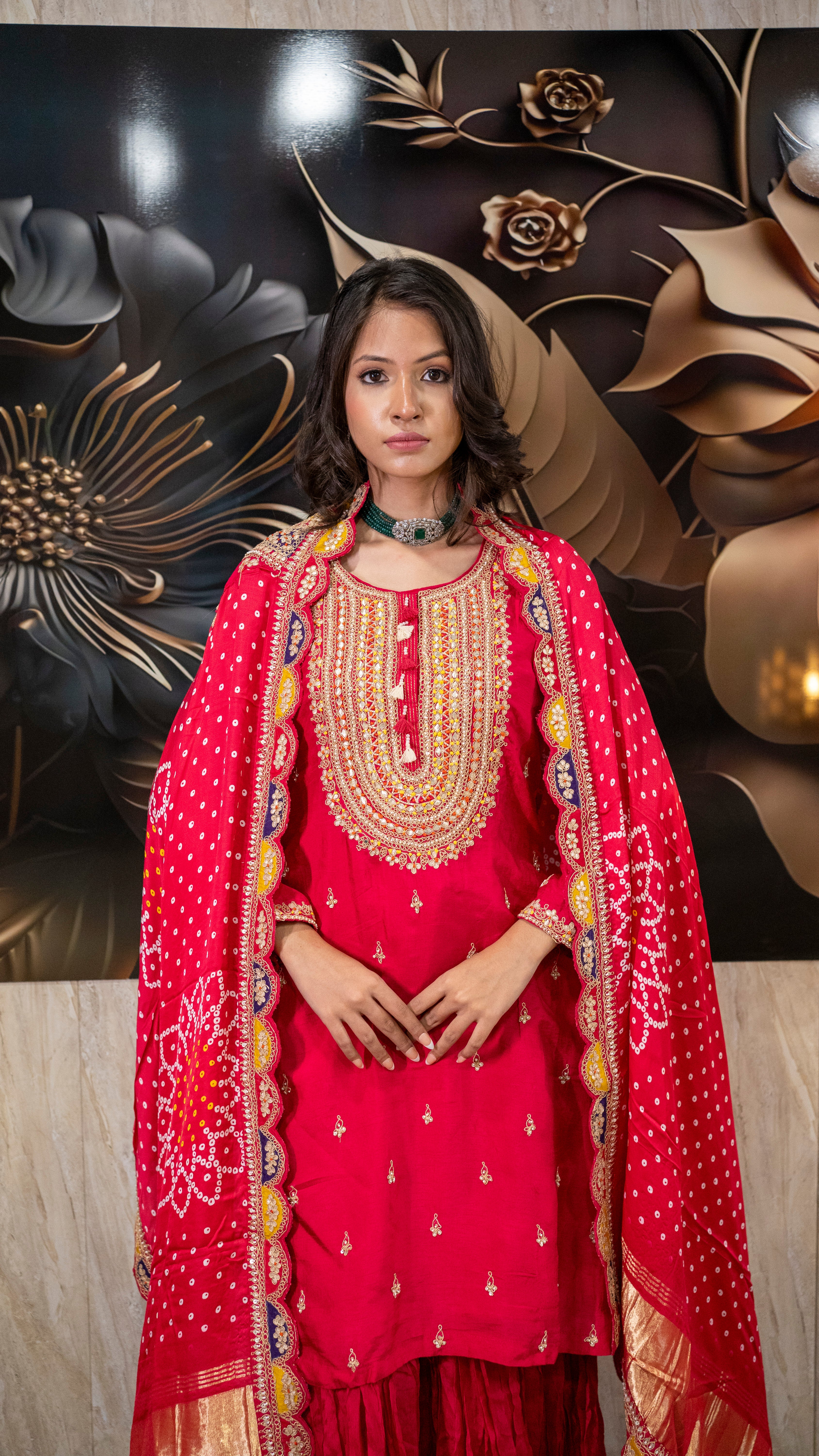 Red Hand-Embroidered Gota Patti Sharara Set
