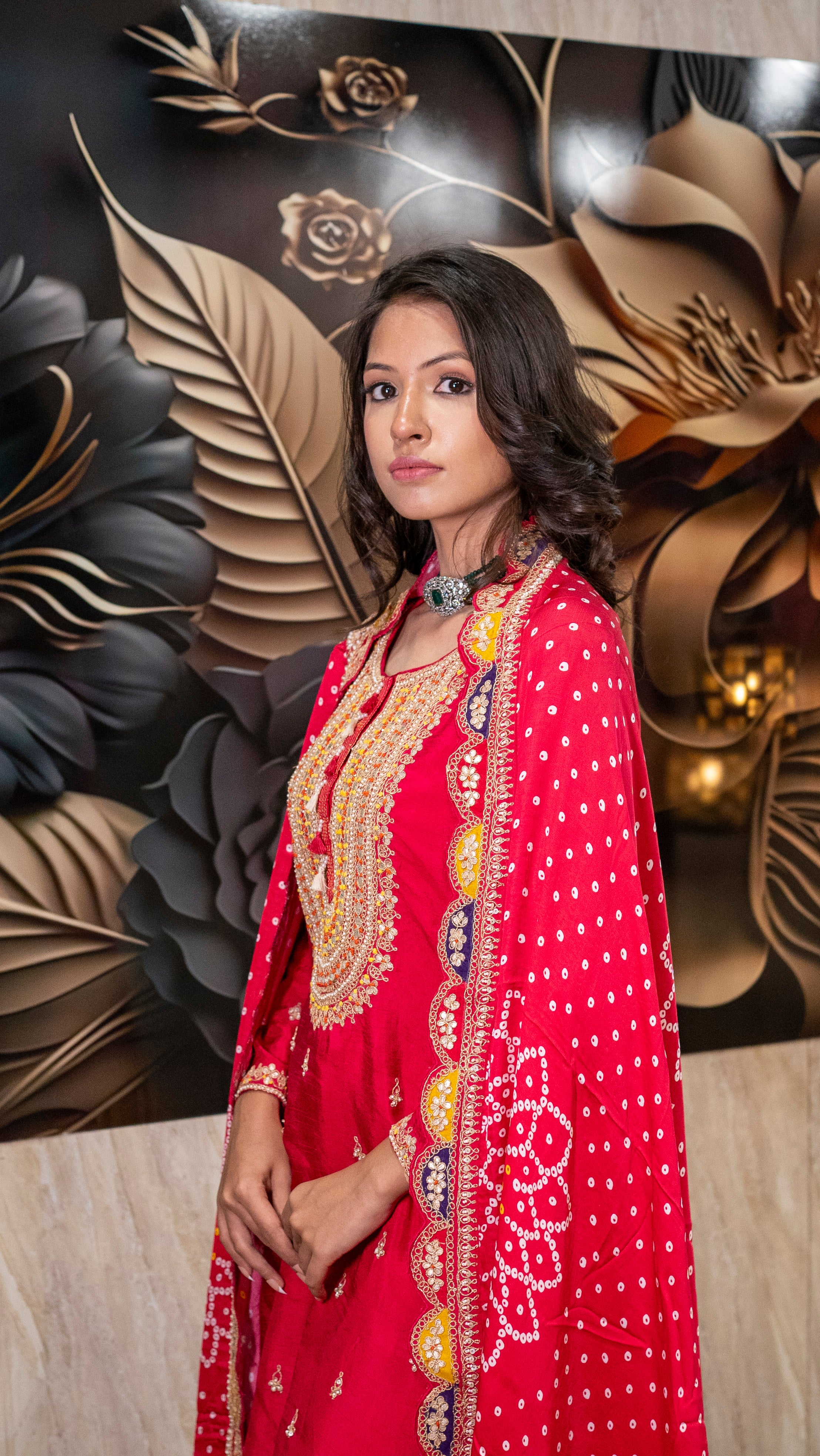 Red Hand-Embroidered Gota Patti Sharara Set
