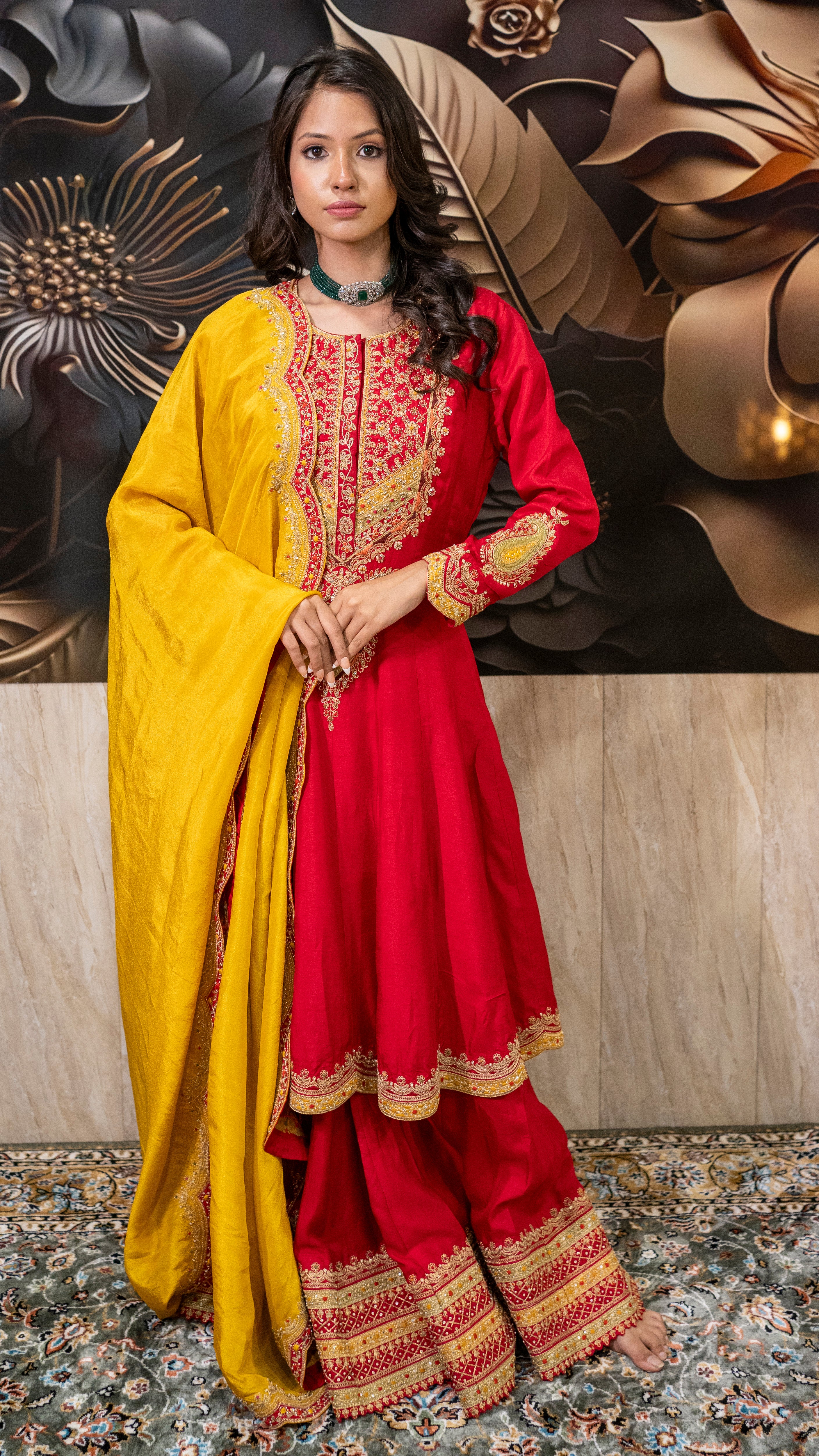 Red & Yellow Heavy Embroidered Sharara Suit Set