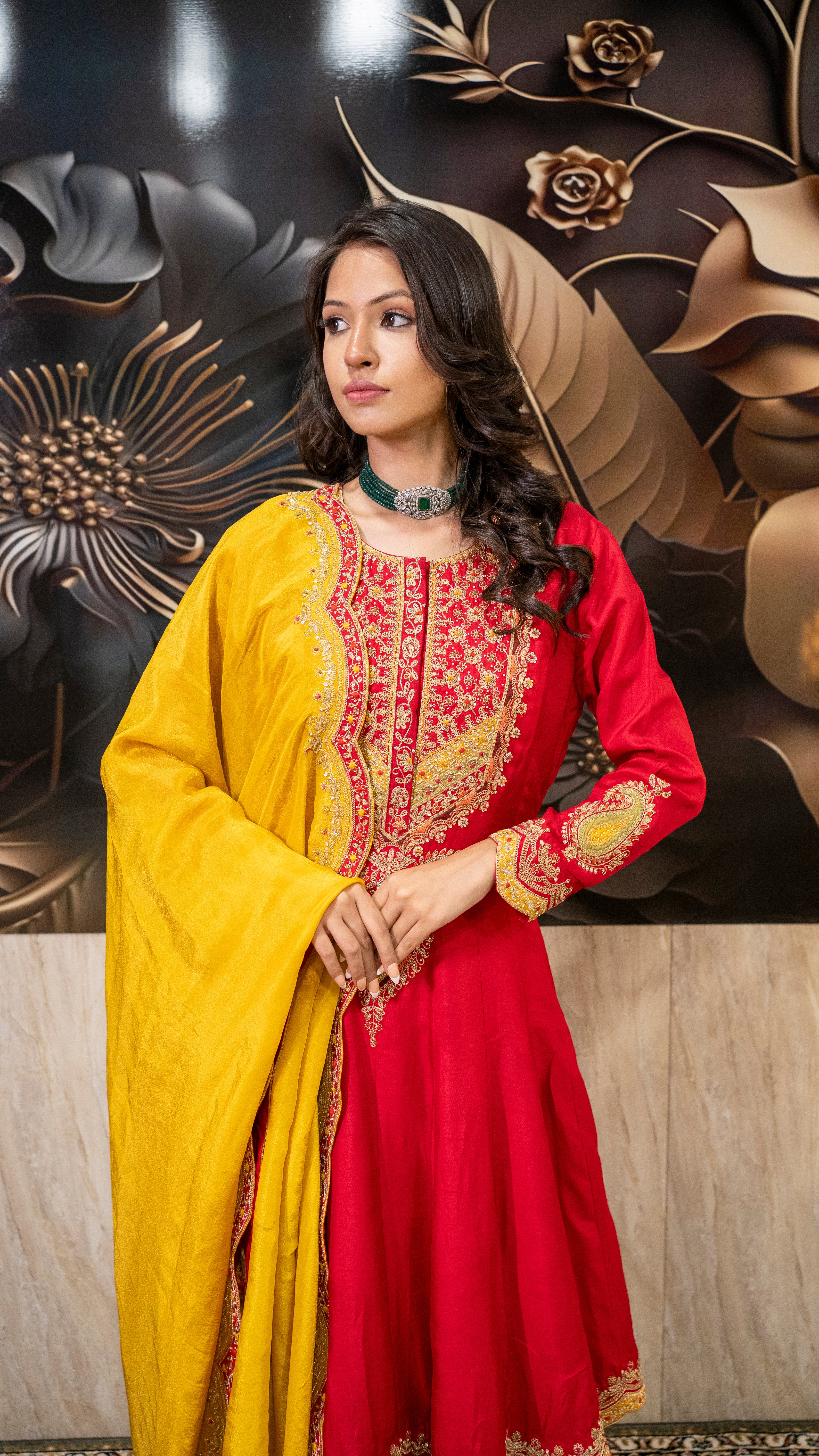 Red & Yellow Heavy Embroidered Sharara Suit Set