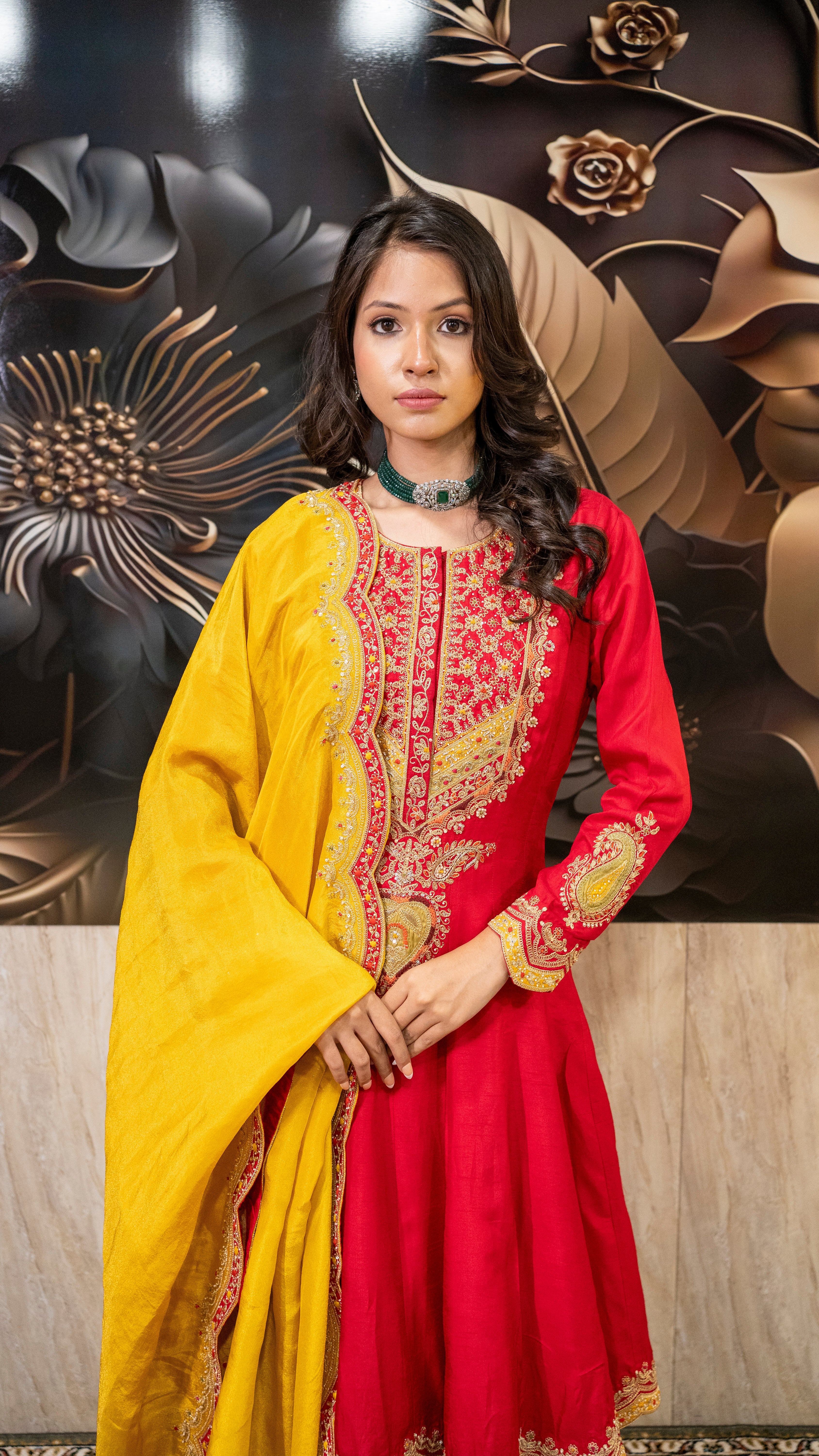 Red & Yellow Heavy Embroidered Sharara Suit Set