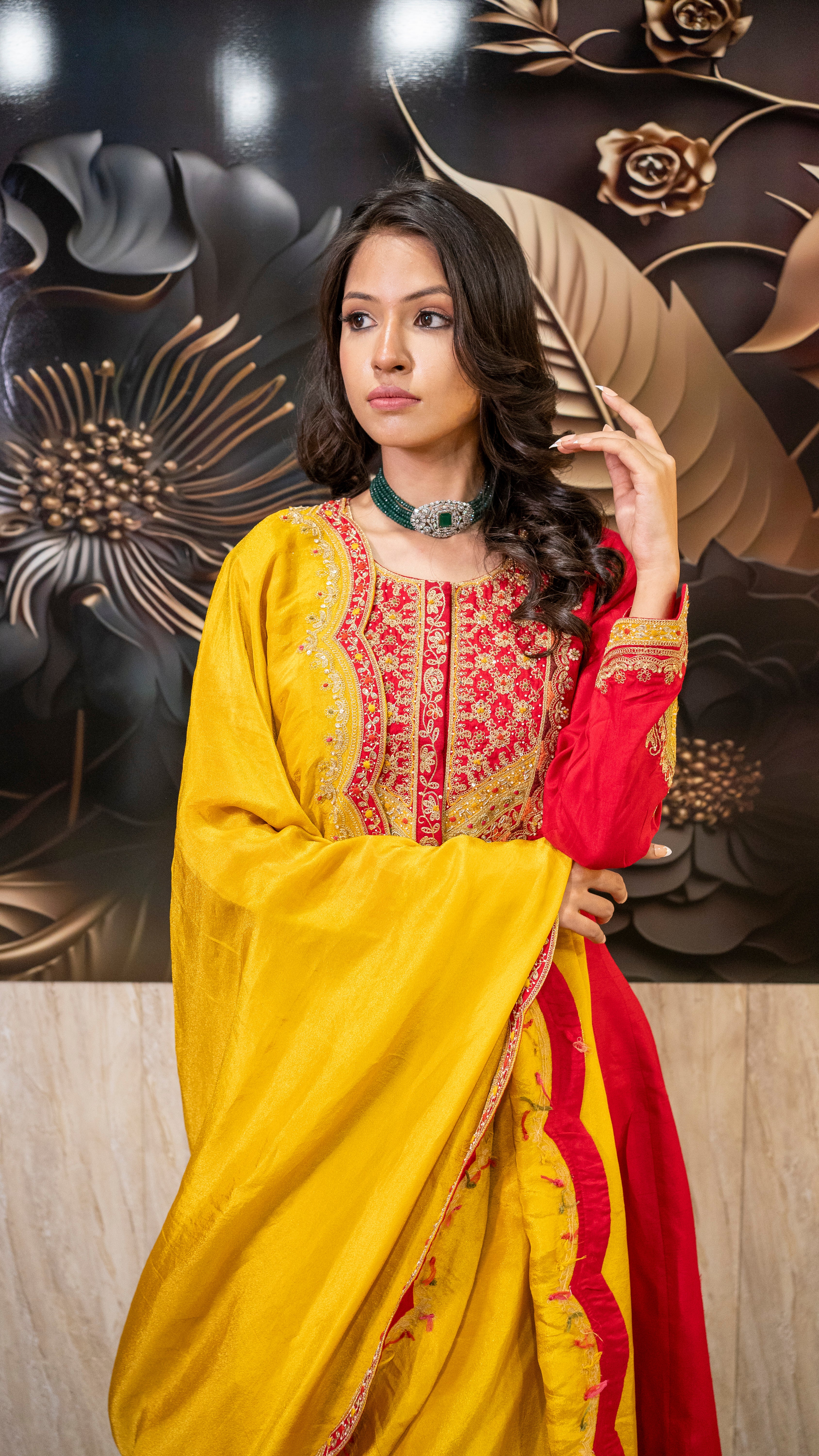 Red & Yellow Heavy Embroidered Sharara Suit Set