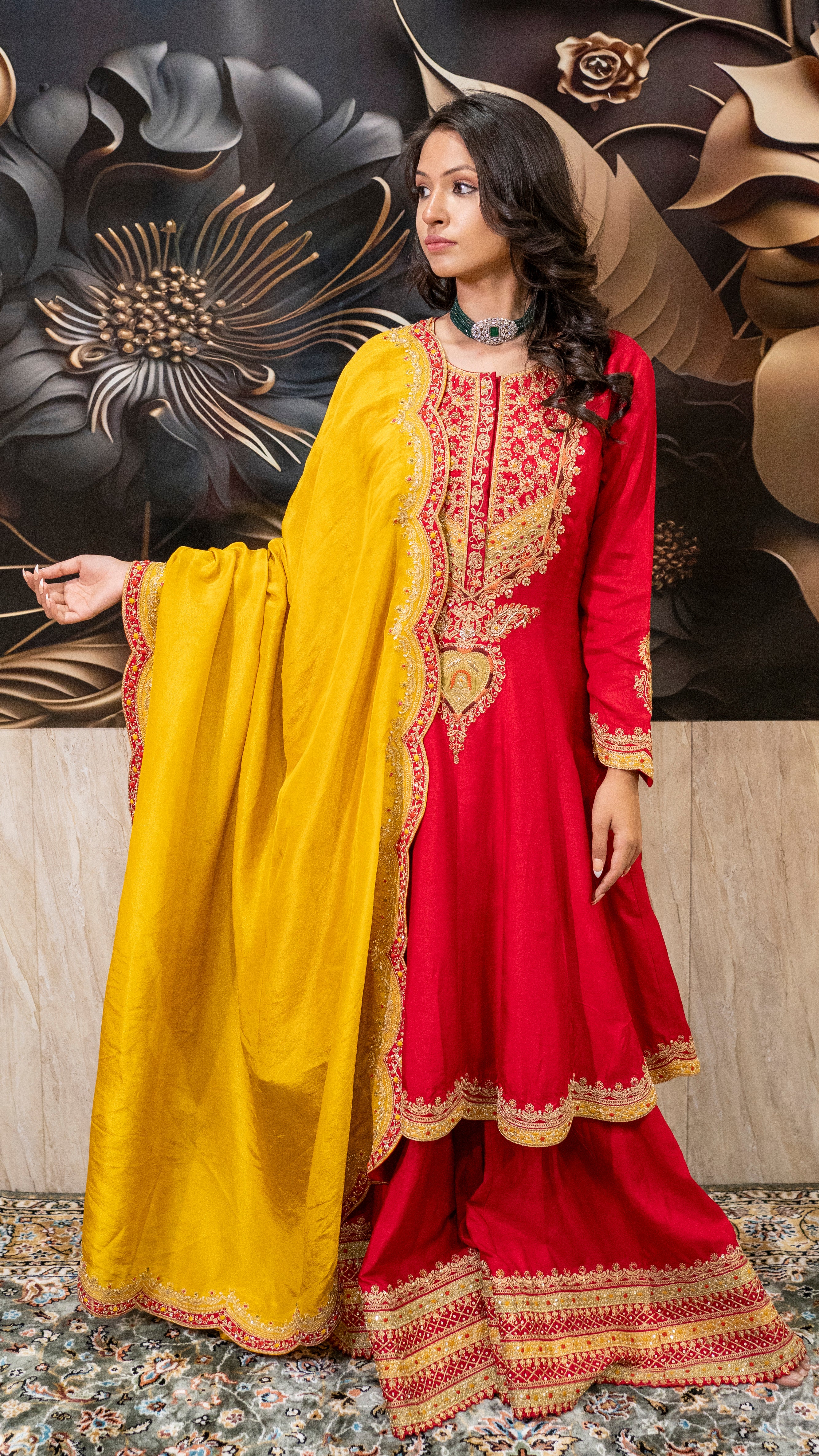 Red & Yellow Heavy Embroidered Sharara Suit Set