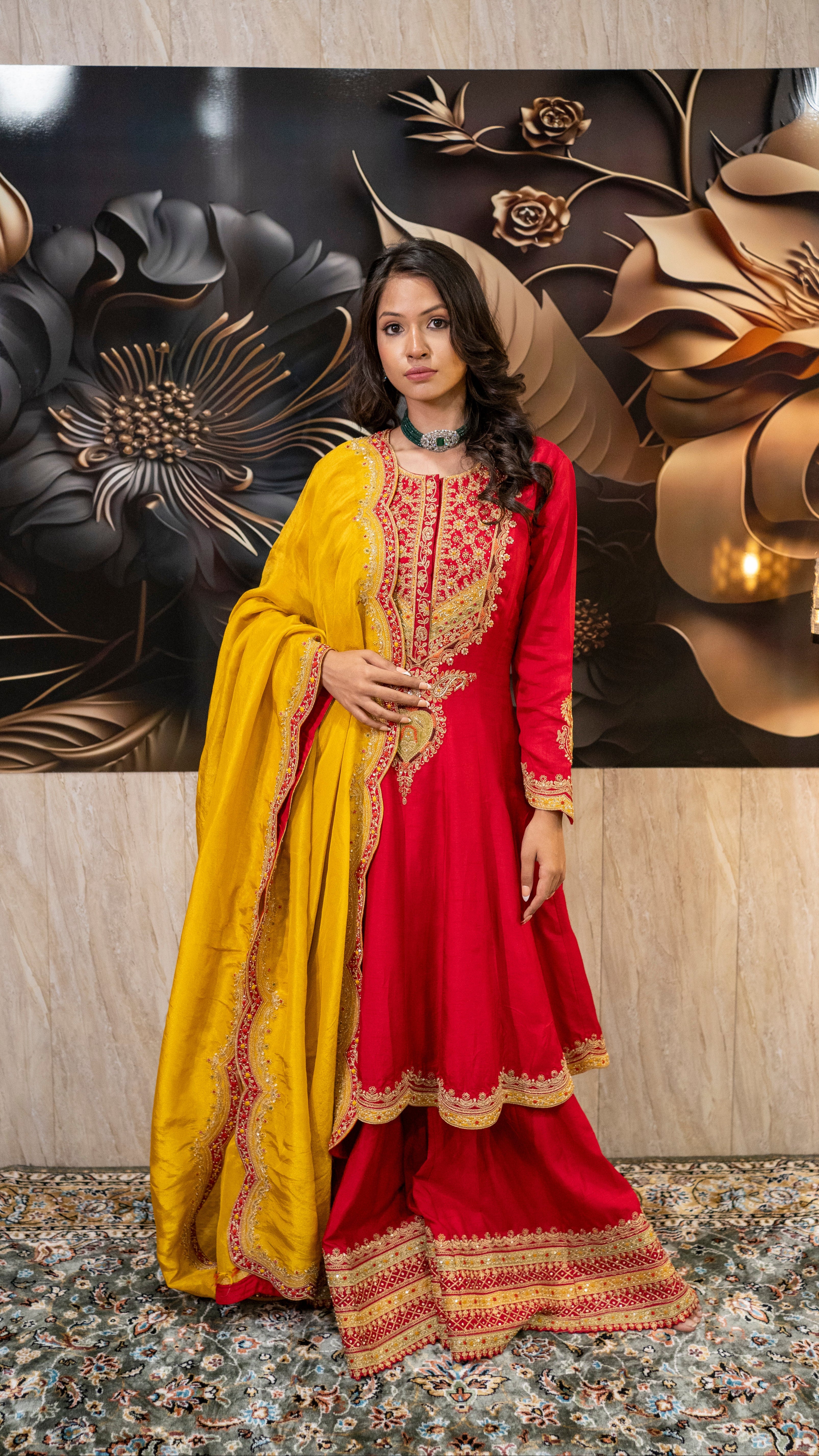 Red & Yellow Heavy Embroidered Sharara Suit Set