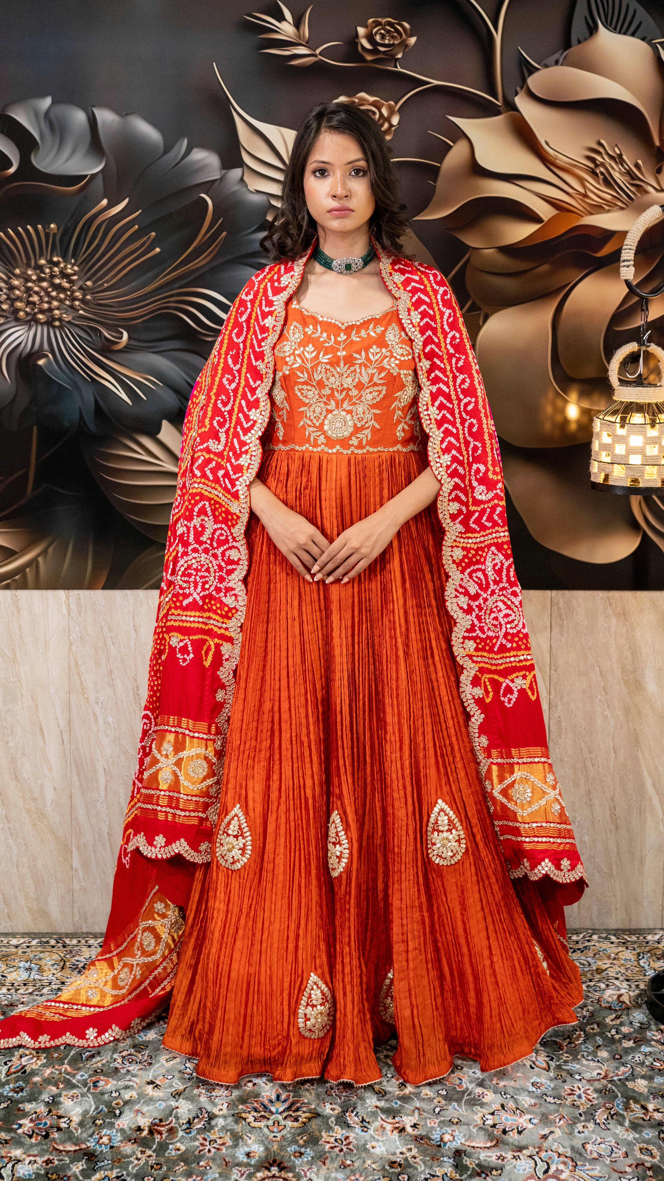 Rust Orange Crushed Silk Anarkali Set with Bandhani Dupatta