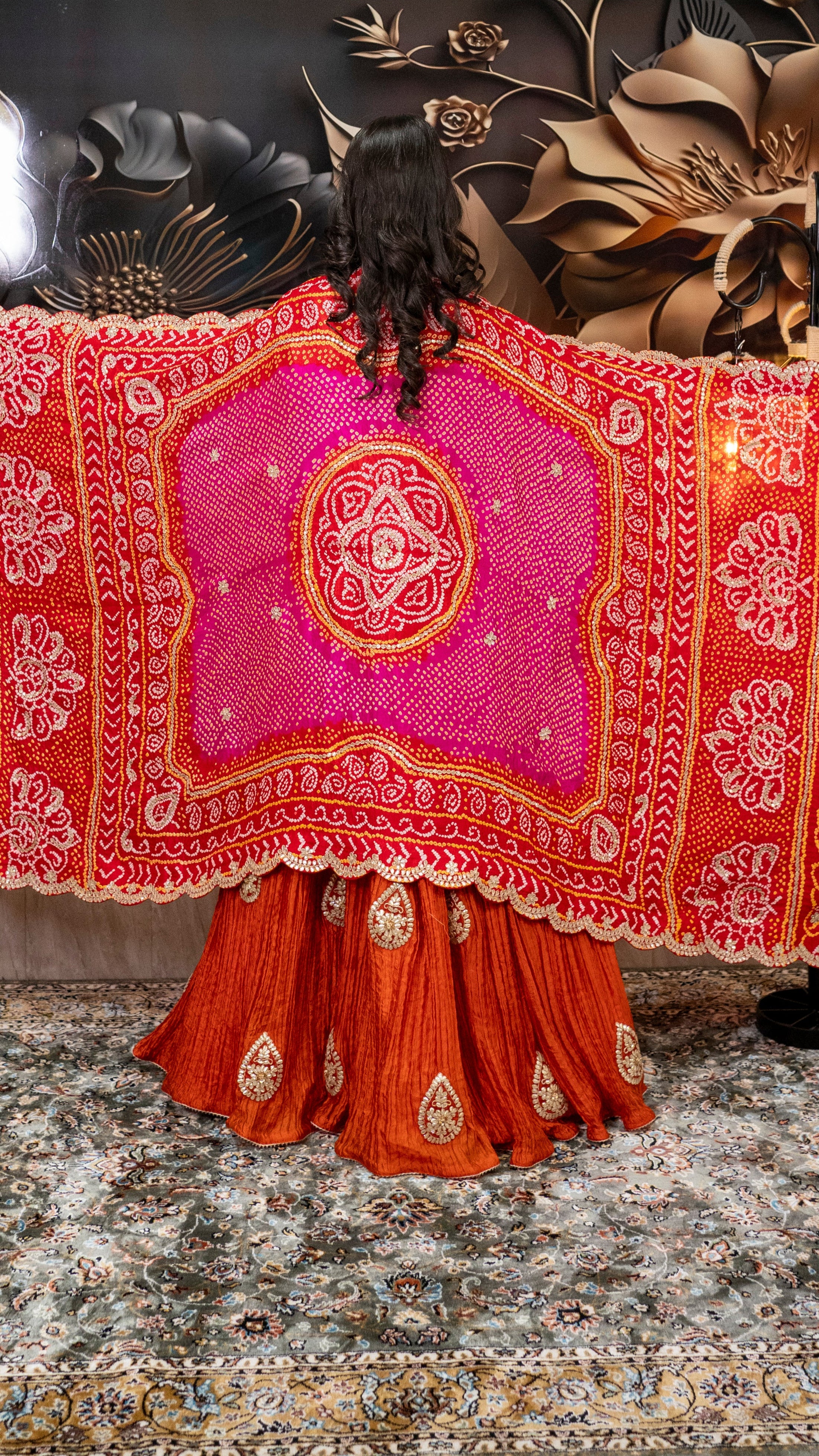 Rust Orange Crushed Silk Anarkali Set with Bandhani Dupatta
