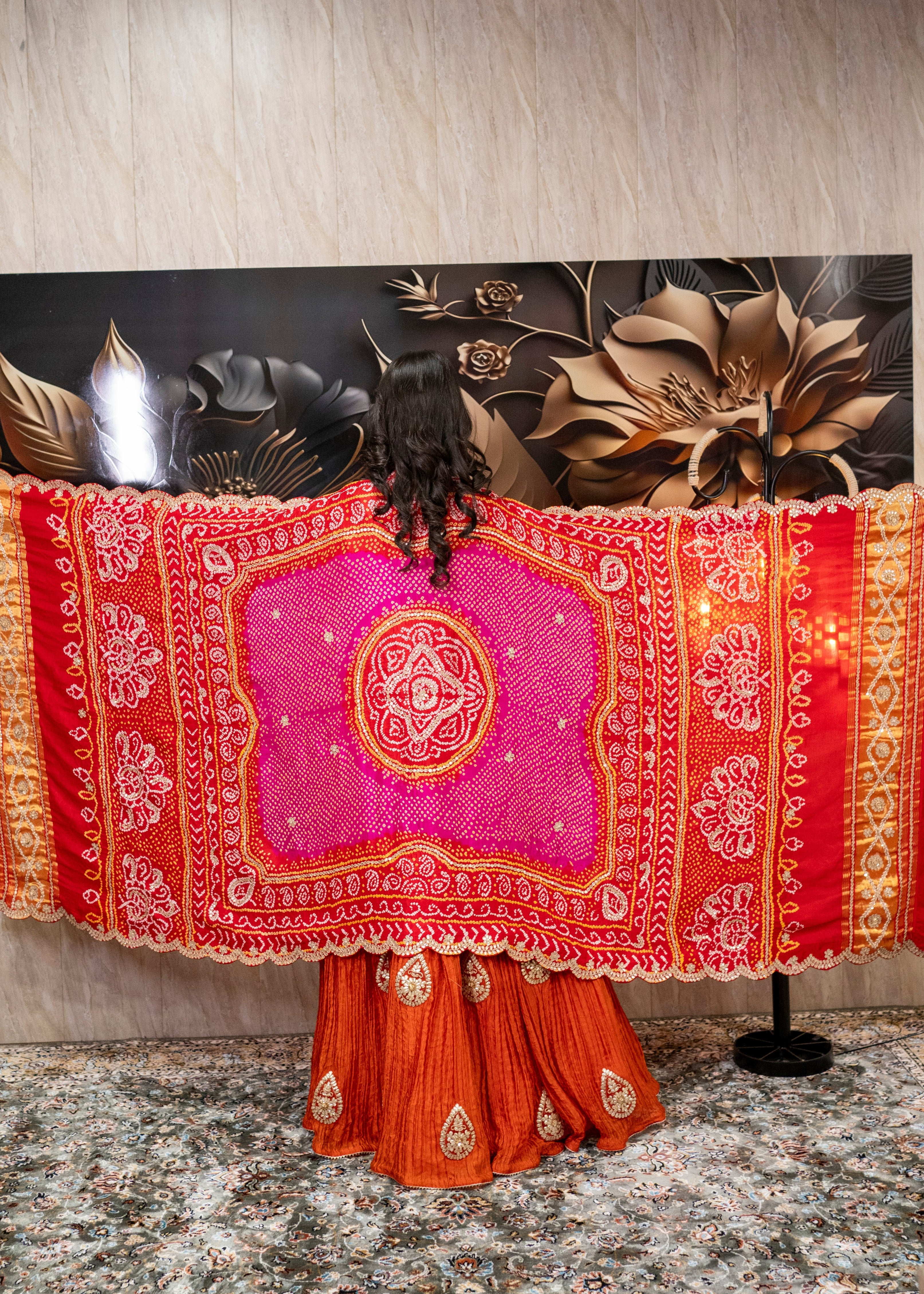 Rust Orange Crushed Silk Anarkali Set with Bandhani Dupatta