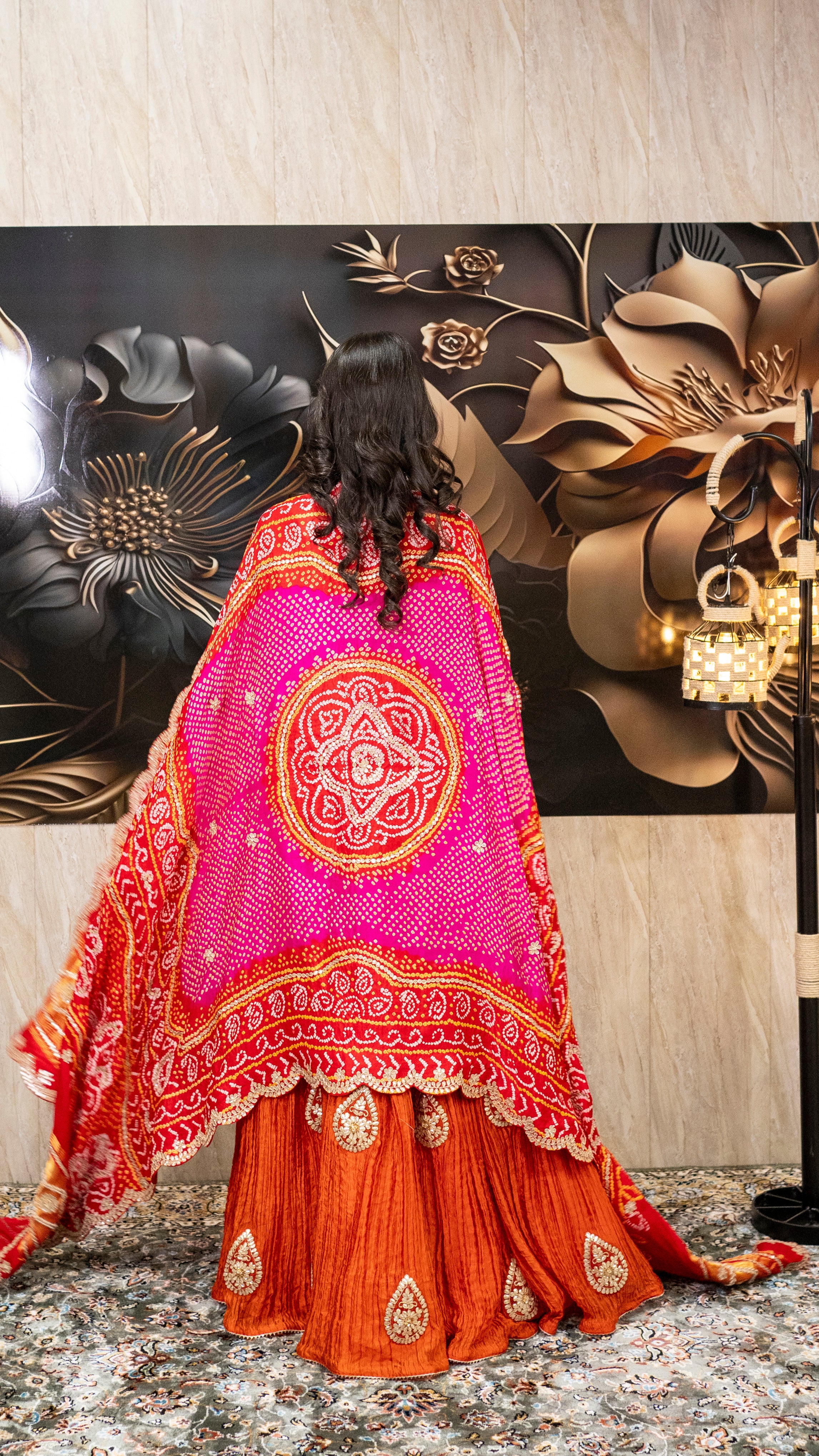 Rust Orange Crushed Silk Anarkali Set with Bandhani Dupatta