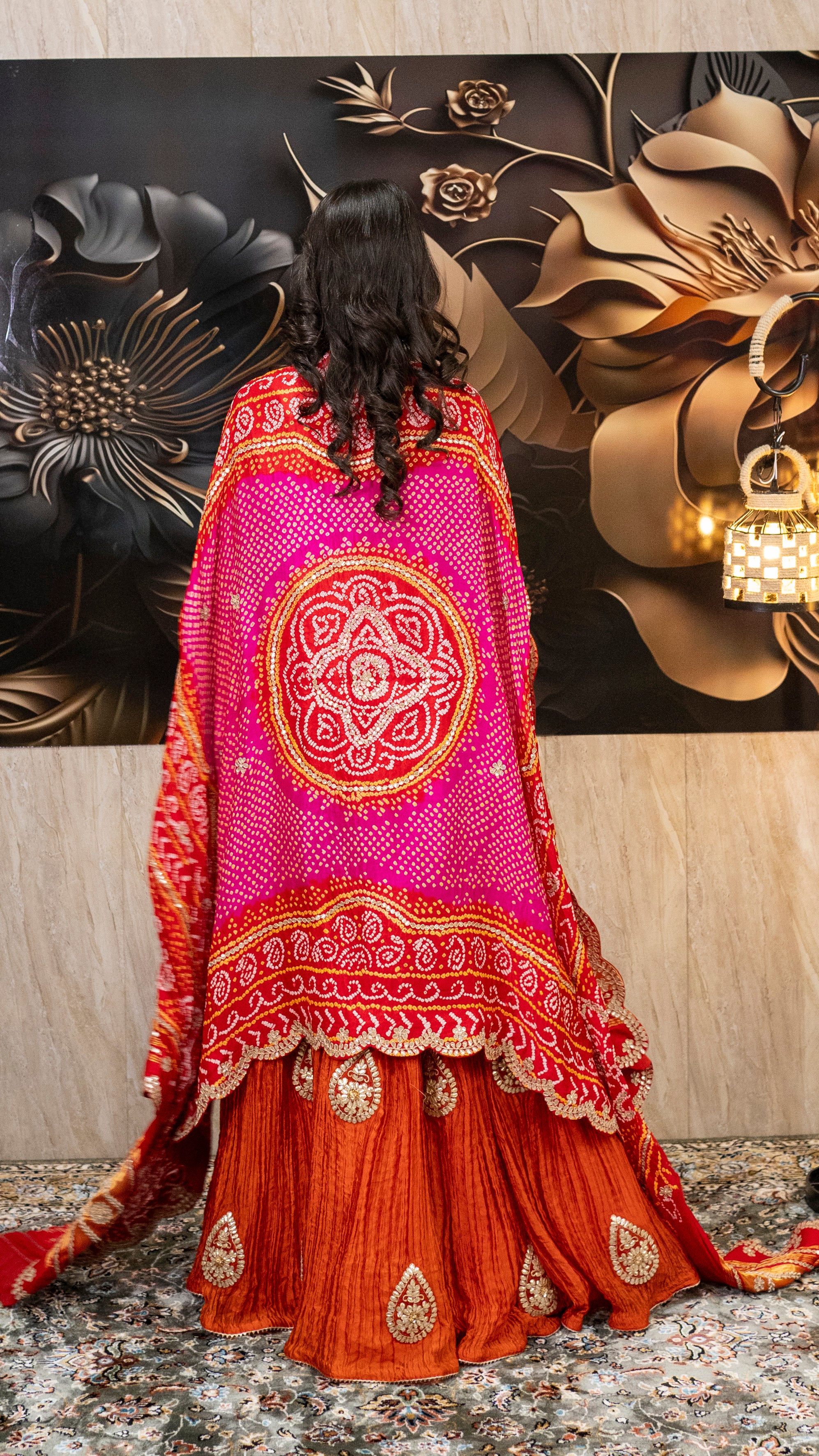 Rust Orange Crushed Silk Anarkali Set with Bandhani Dupatta