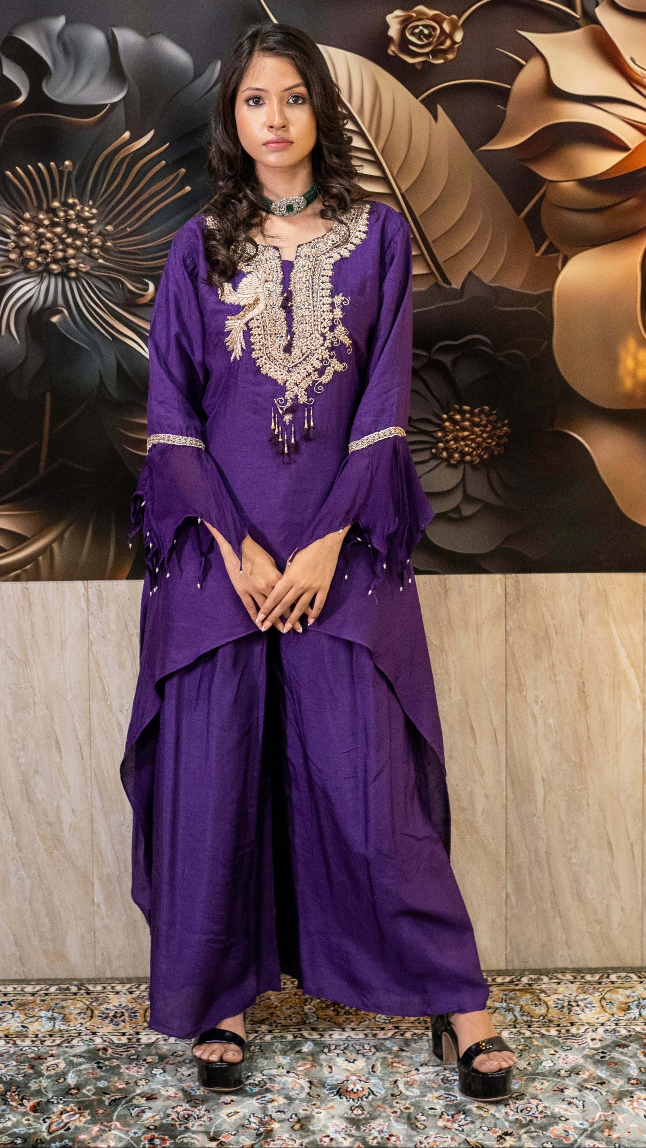 Royal Purple Hand Embroidered Asymmetrical Kurta Set