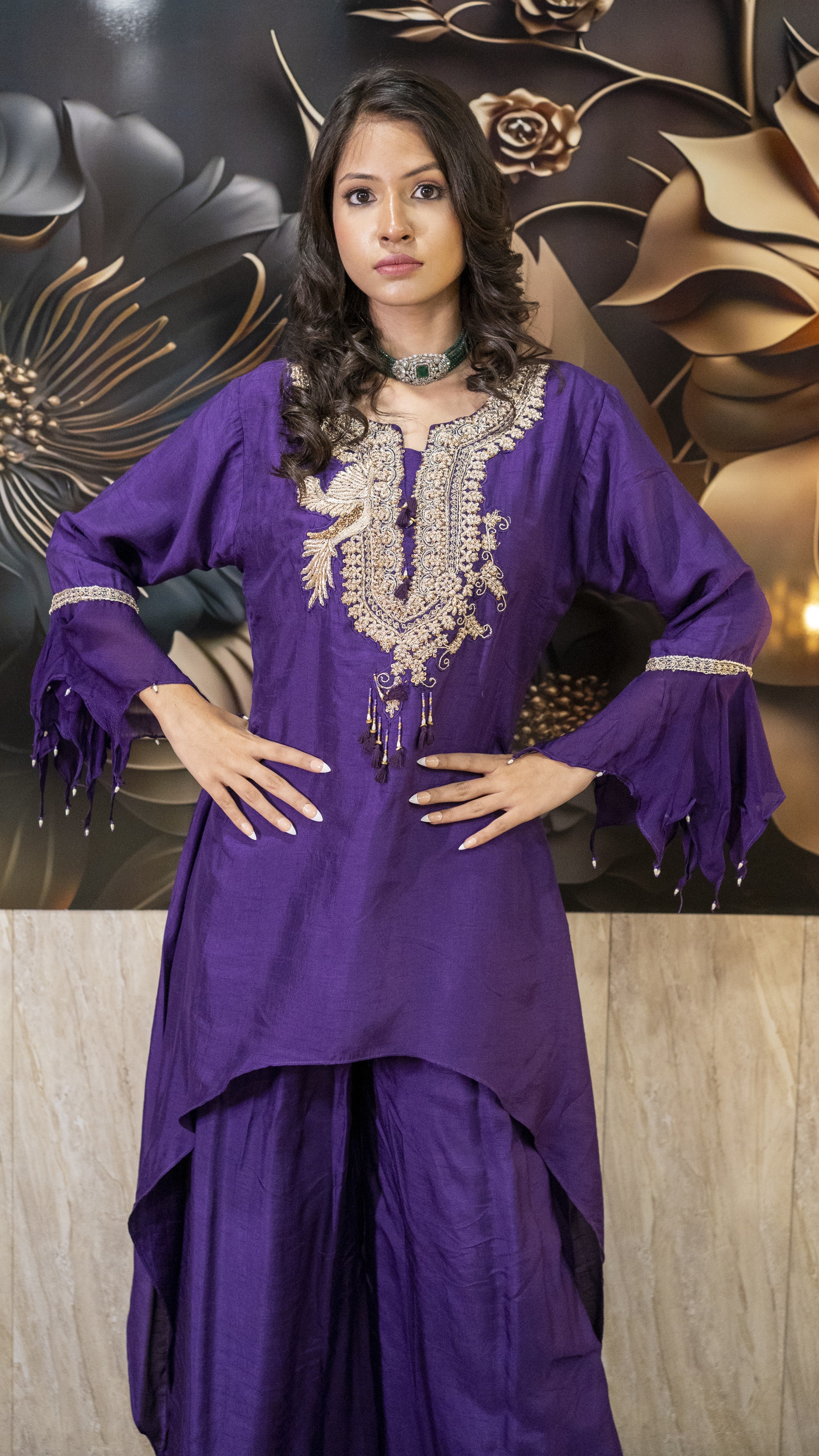 Royal Purple Hand Embroidered Asymmetrical Kurta Set
