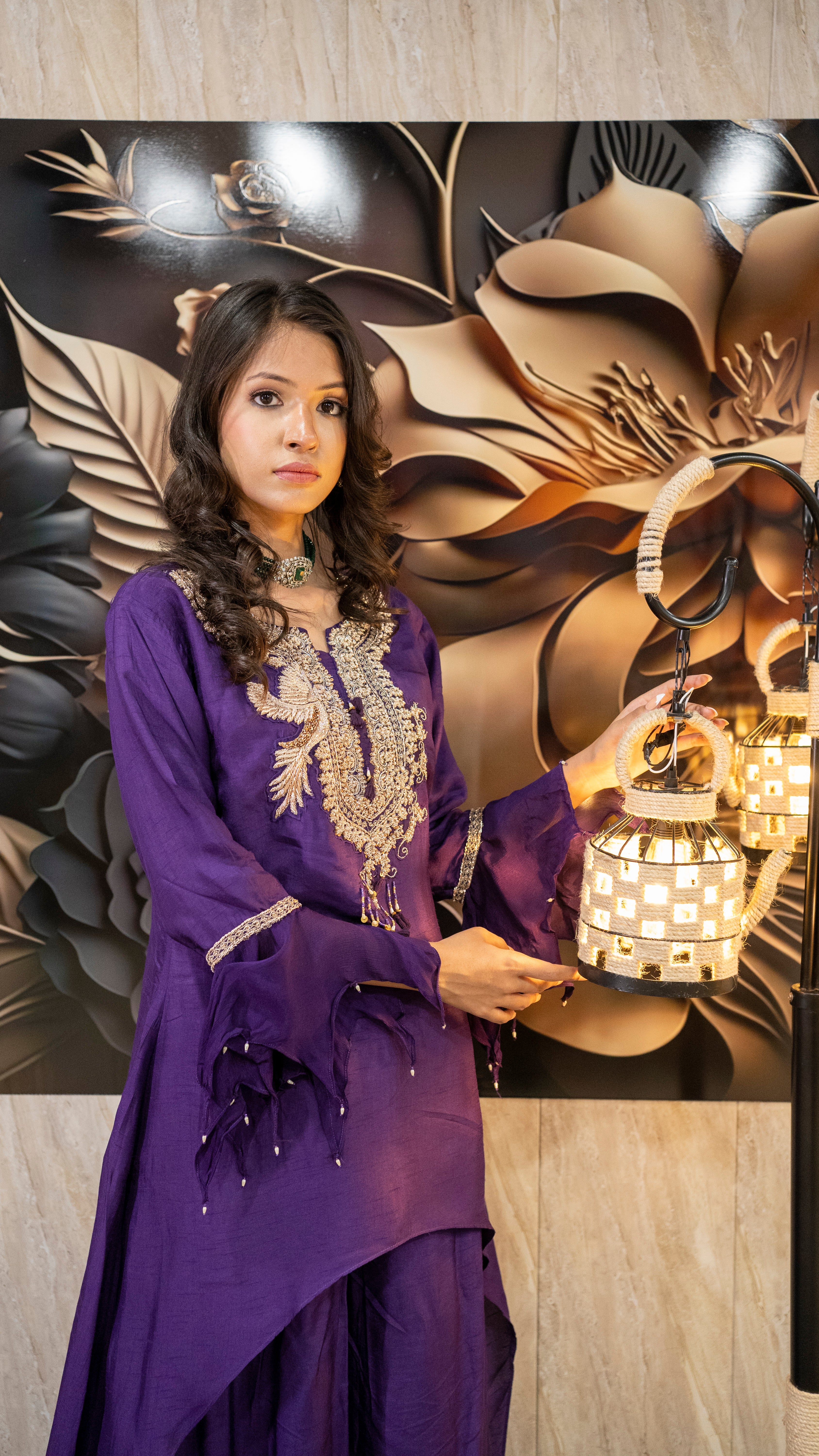 Royal Purple Hand Embroidered Asymmetrical Kurta Set