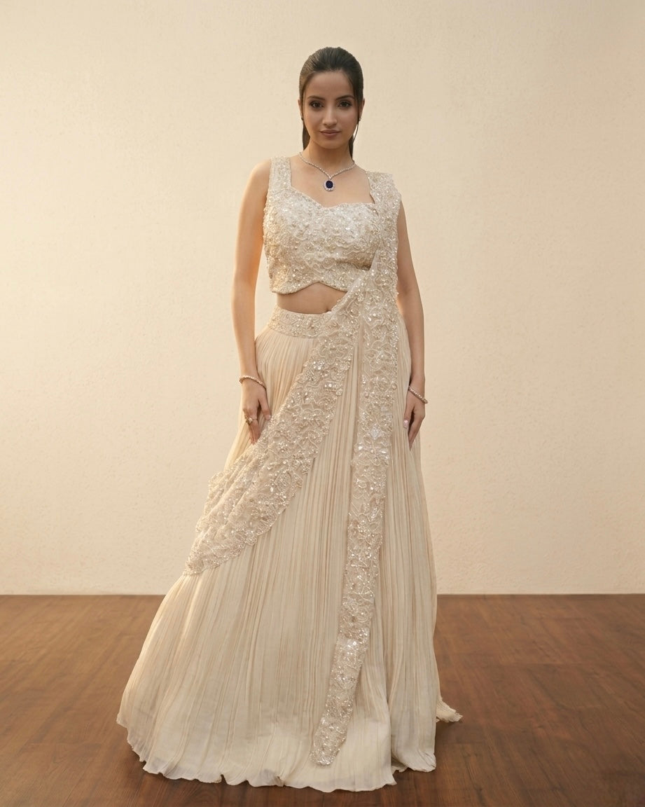 Ivory Embroidered Indo-Western Drape Set