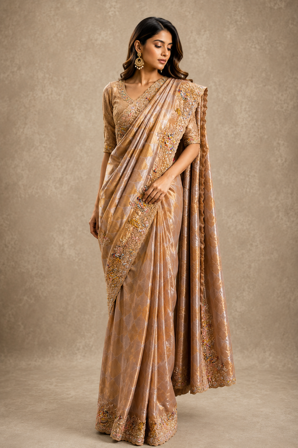 Champagne Beige Hand-Embroidered Tissue Saree Set
