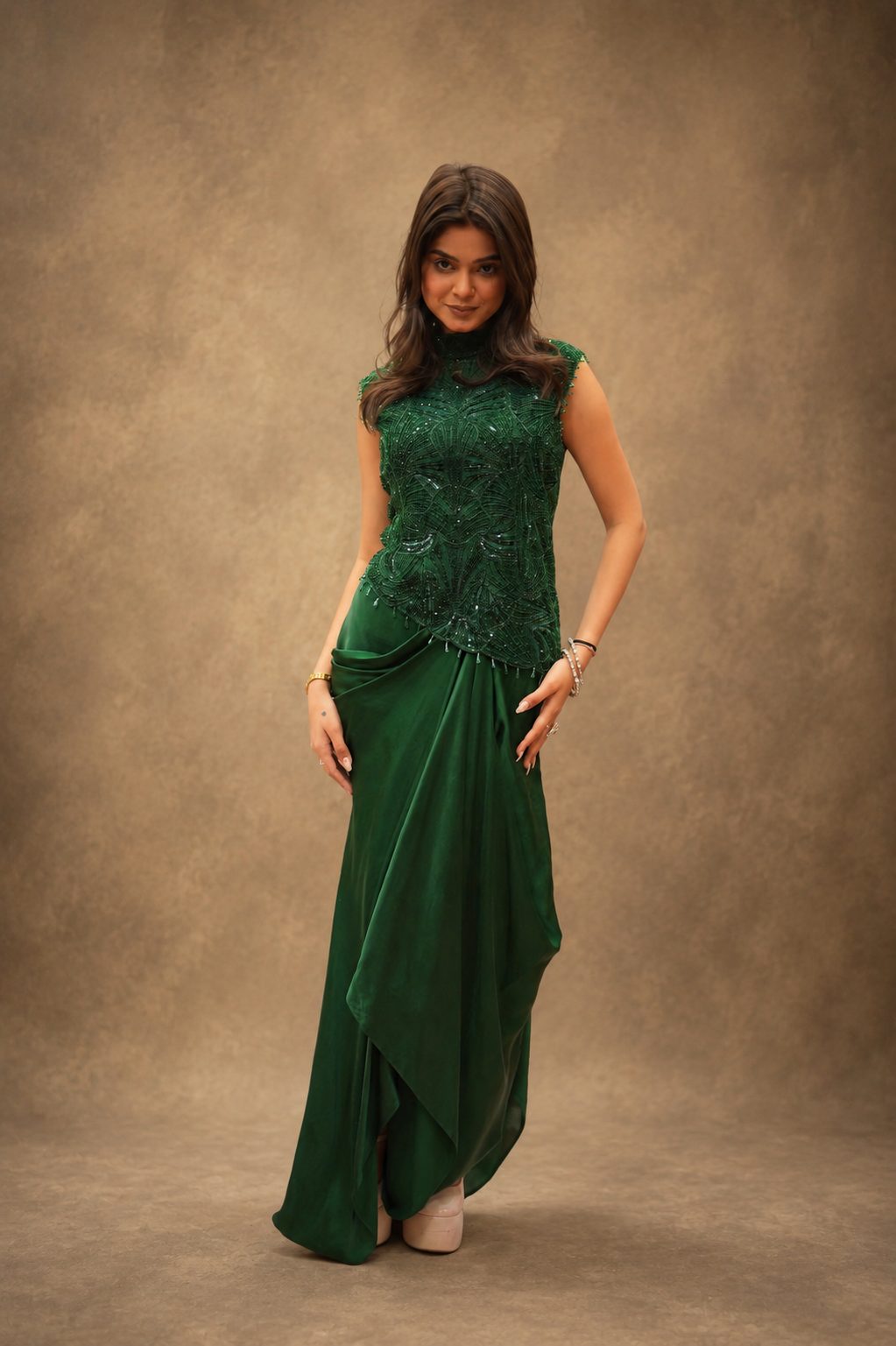 Emerald Majesty Hand Embellished Drape Gown