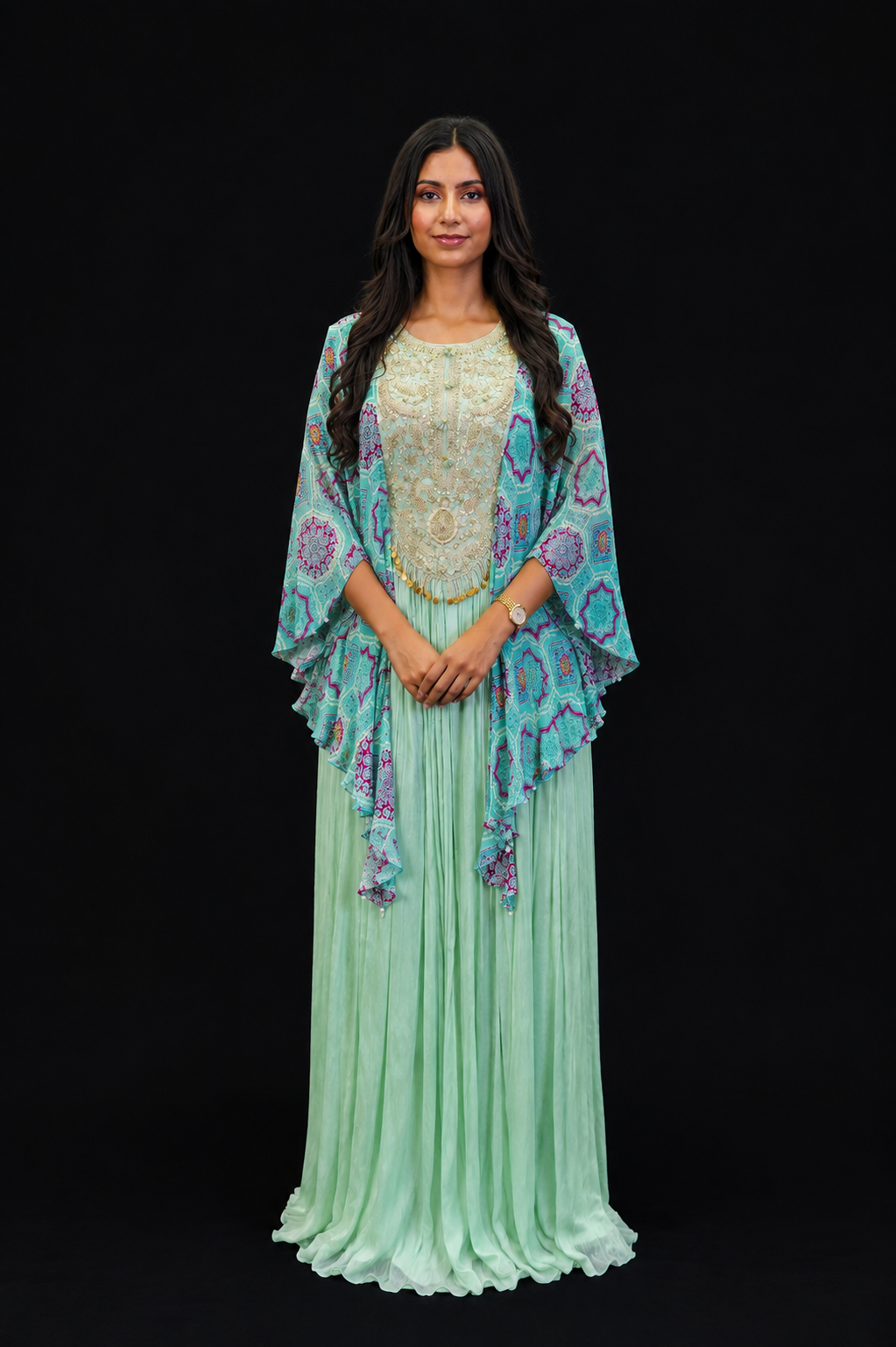 Aqua Chiffon Indo-Western Gown with Kaftan Sleeves &amp; Zardosi