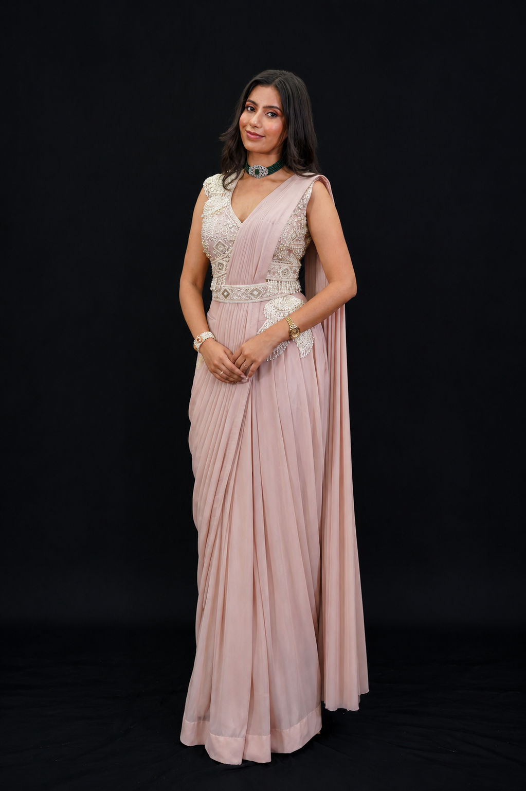 Blush Drape Saree Set with Pearl &amp; Resham Hand Embroidery