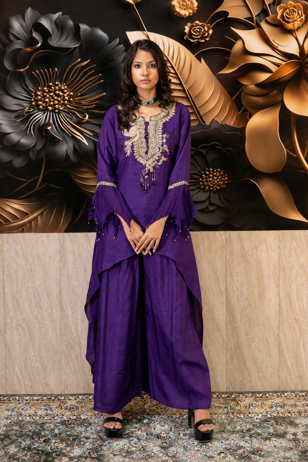 Royal Purple Hand Embroidered Asymmetrical Kurta Set
