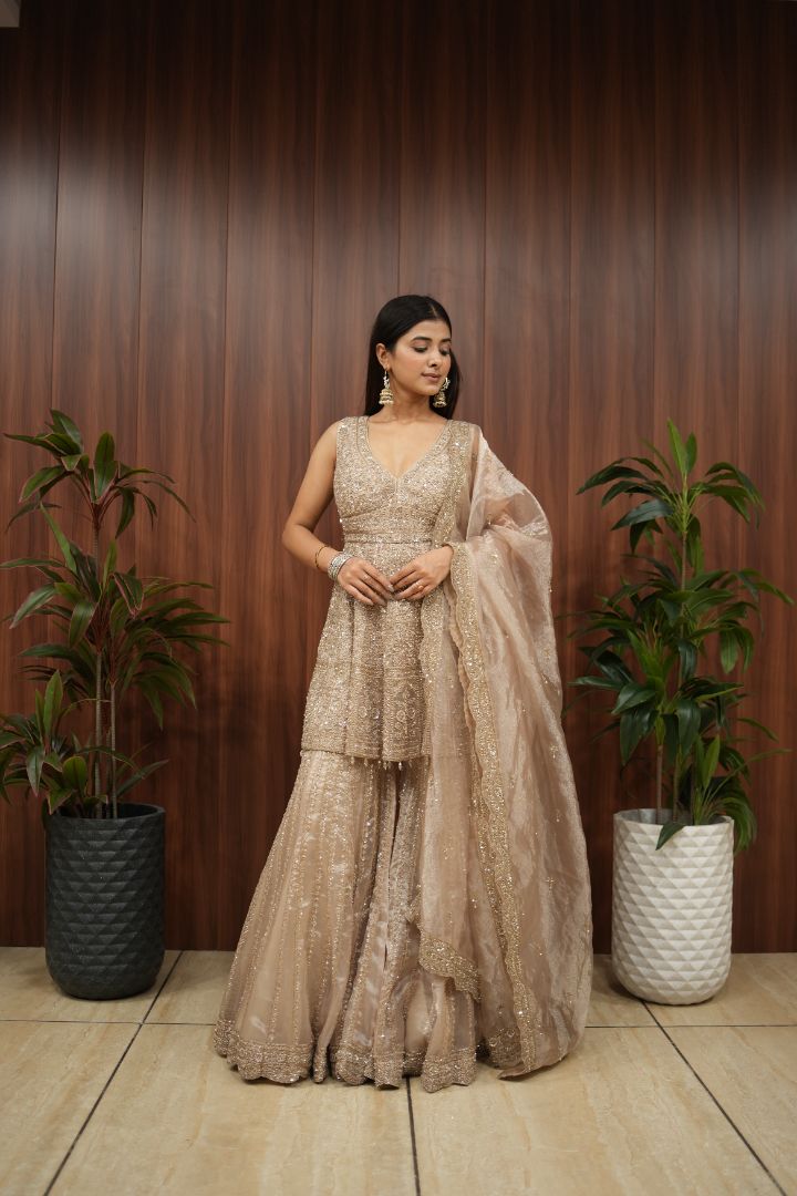 Champagne Gold Hand-Embroidered Peplum Sharara Set