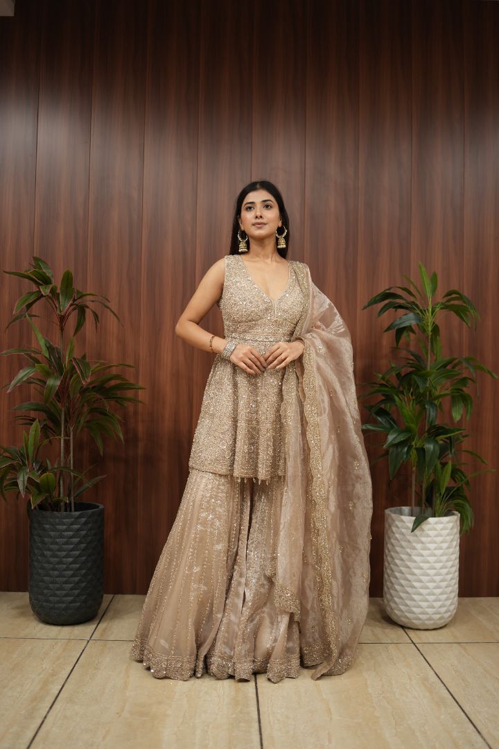 Champagne Gold Hand-Embroidered Peplum Sharara Set