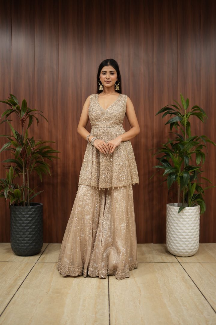 Champagne Gold Hand-Embroidered Peplum Sharara Set