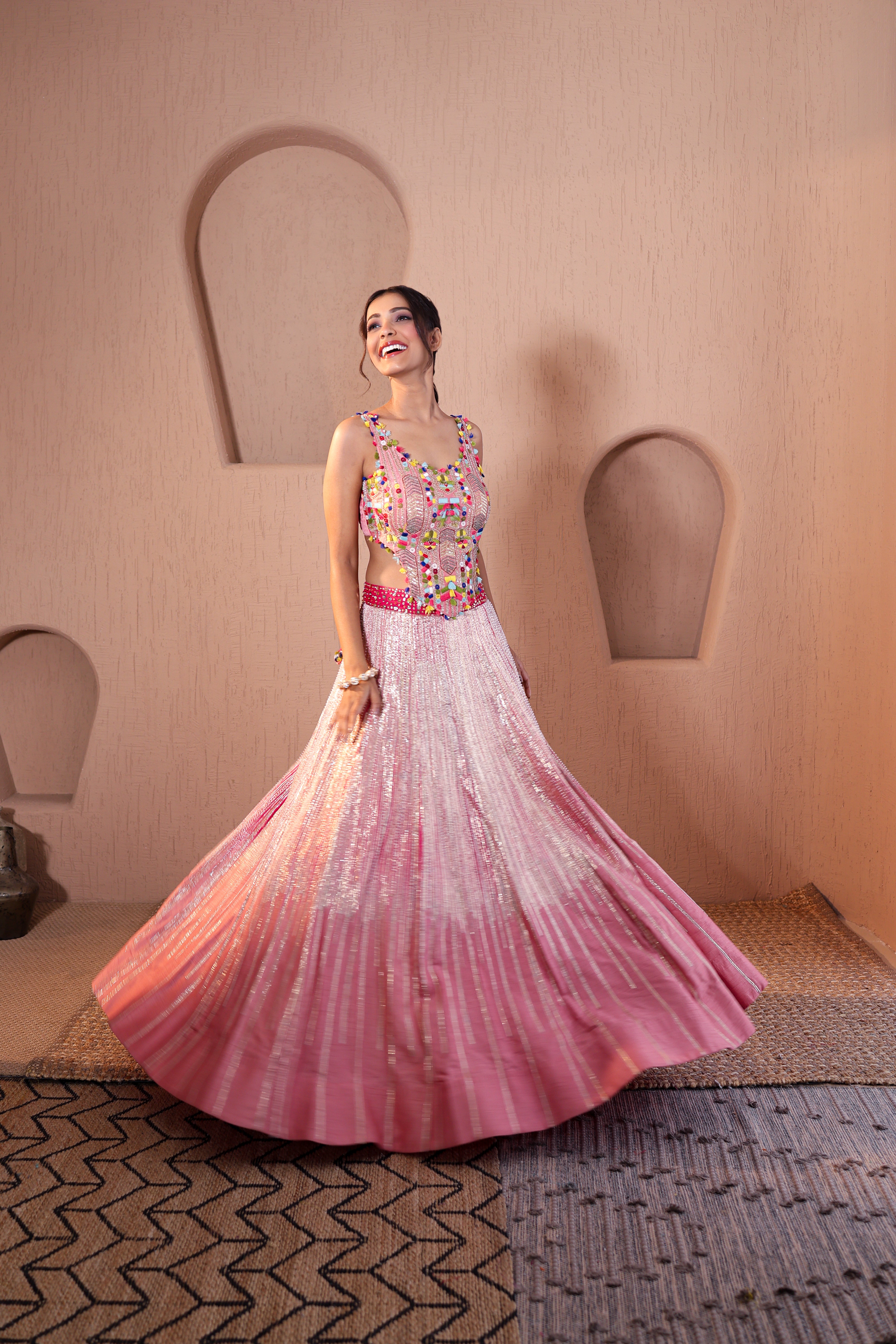 Chanderi Silk Indo-Western Lehenga with Thread, Sequins &amp; Gota Embroidery
