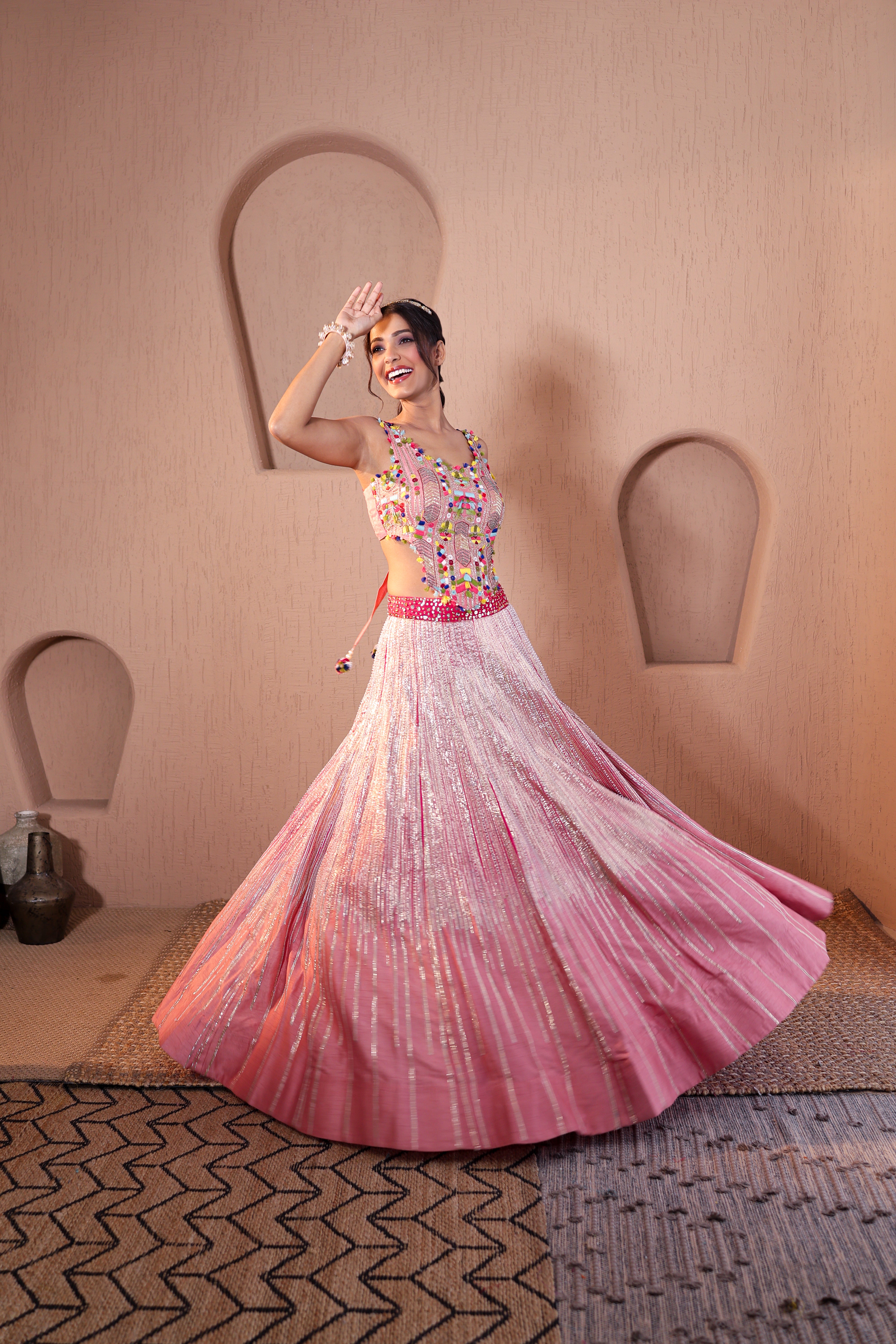 Chanderi Silk Indo-Western Lehenga with Thread, Sequins &amp; Gota Embroidery
