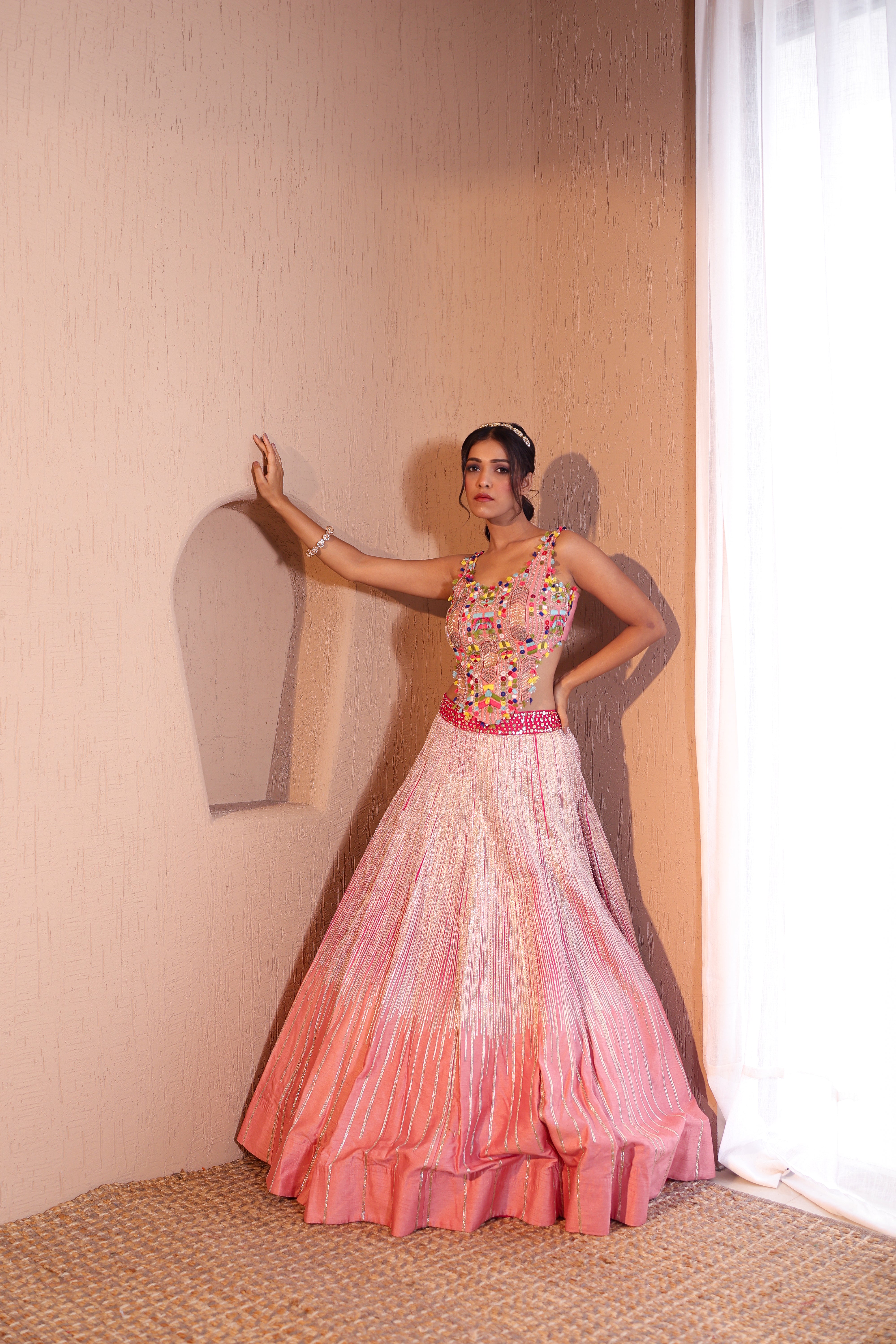 Chanderi Silk Indo-Western Lehenga with Thread, Sequins &amp; Gota Embroidery