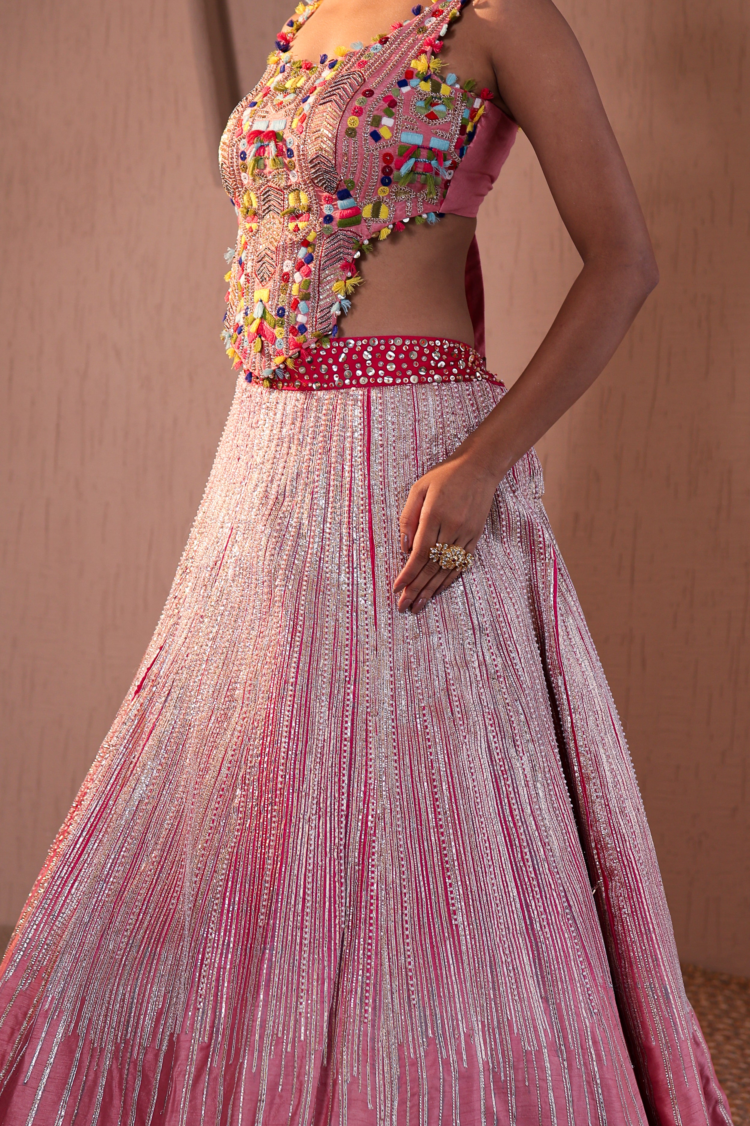 Chanderi Silk Indo-Western Lehenga with Thread, Sequins &amp; Gota Embroidery