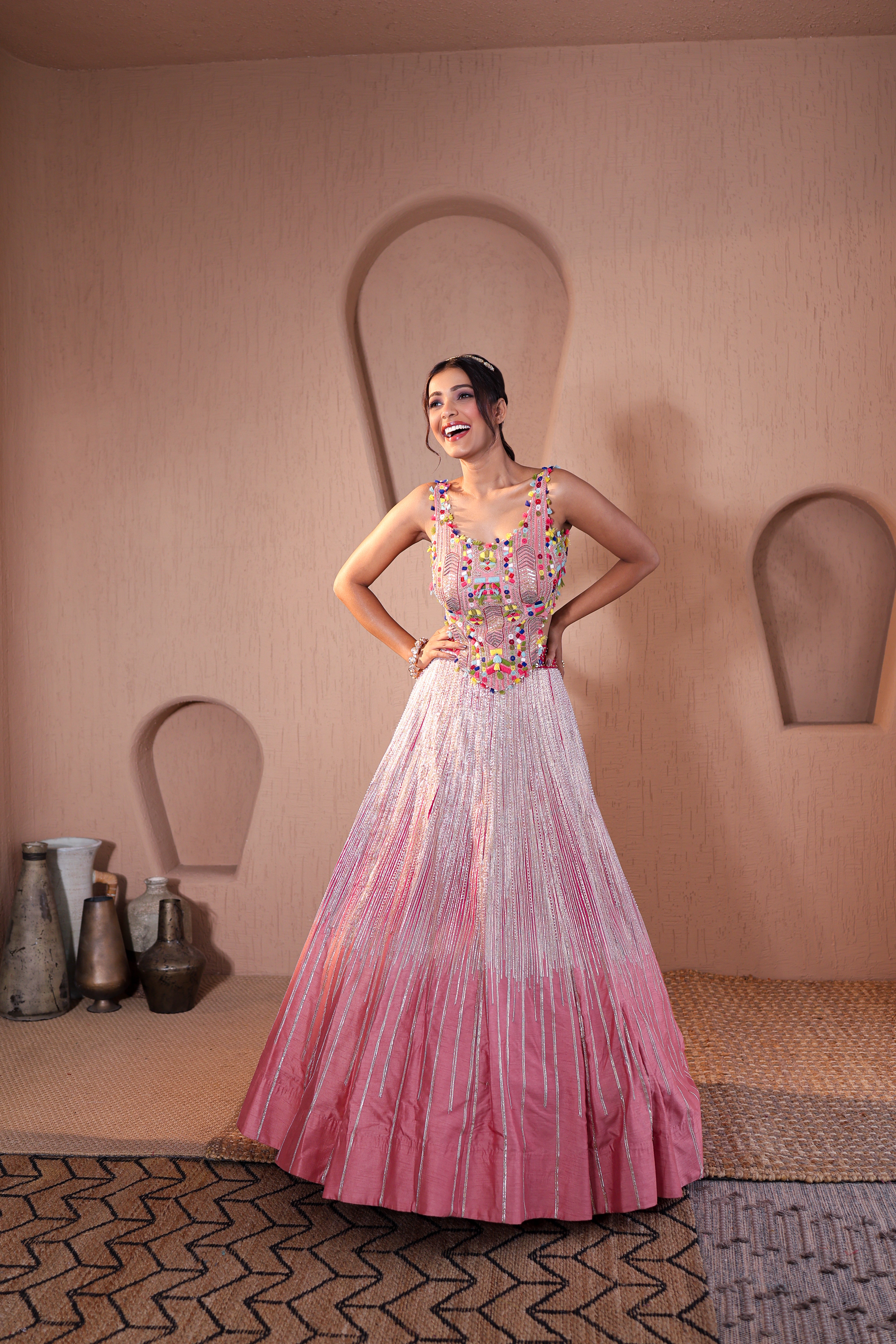 Chanderi Silk Indo-Western Lehenga with Thread, Sequins &amp; Gota Embroidery