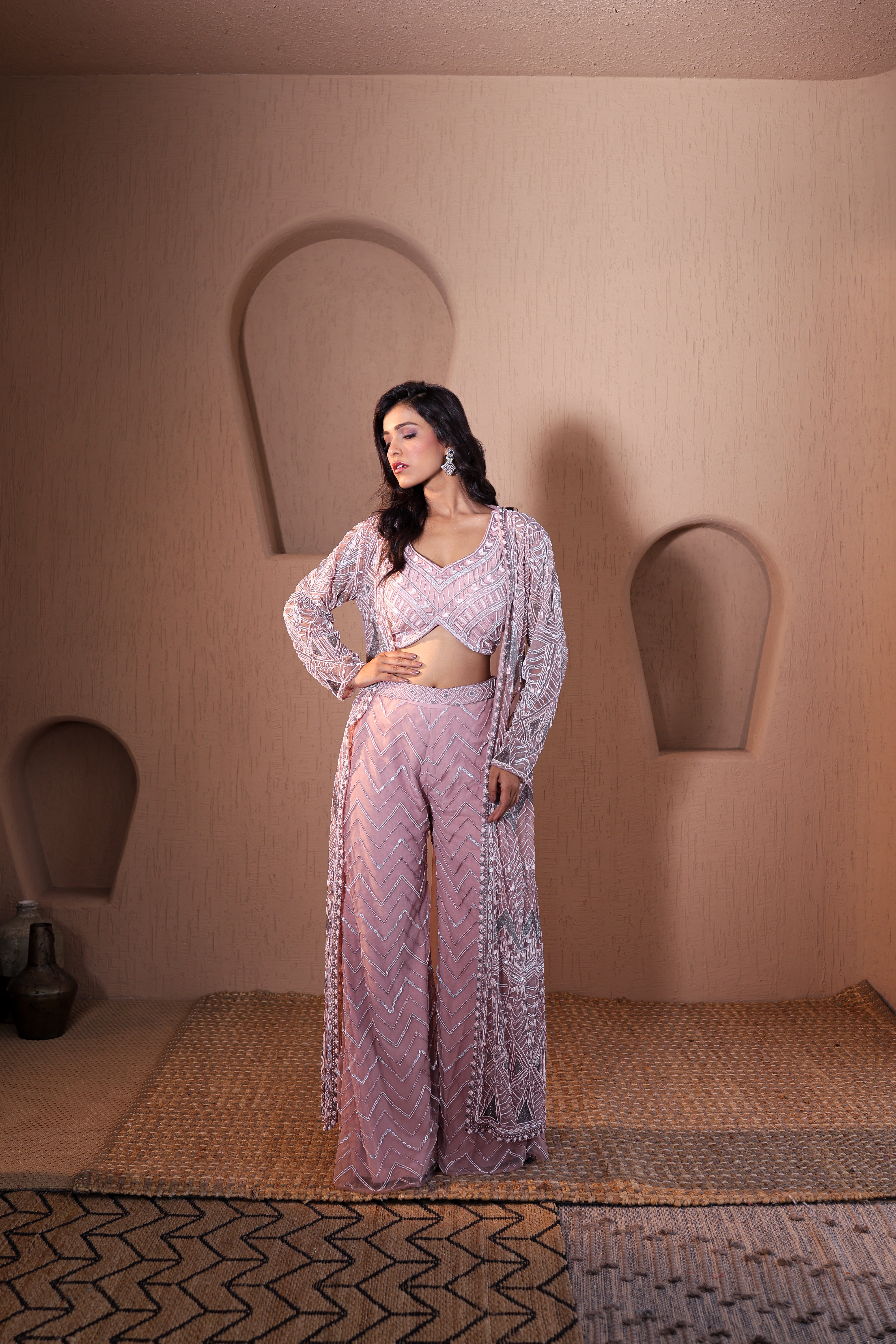 Peach Geometric Embroidered Jacket &amp; Pant Co-ord Set