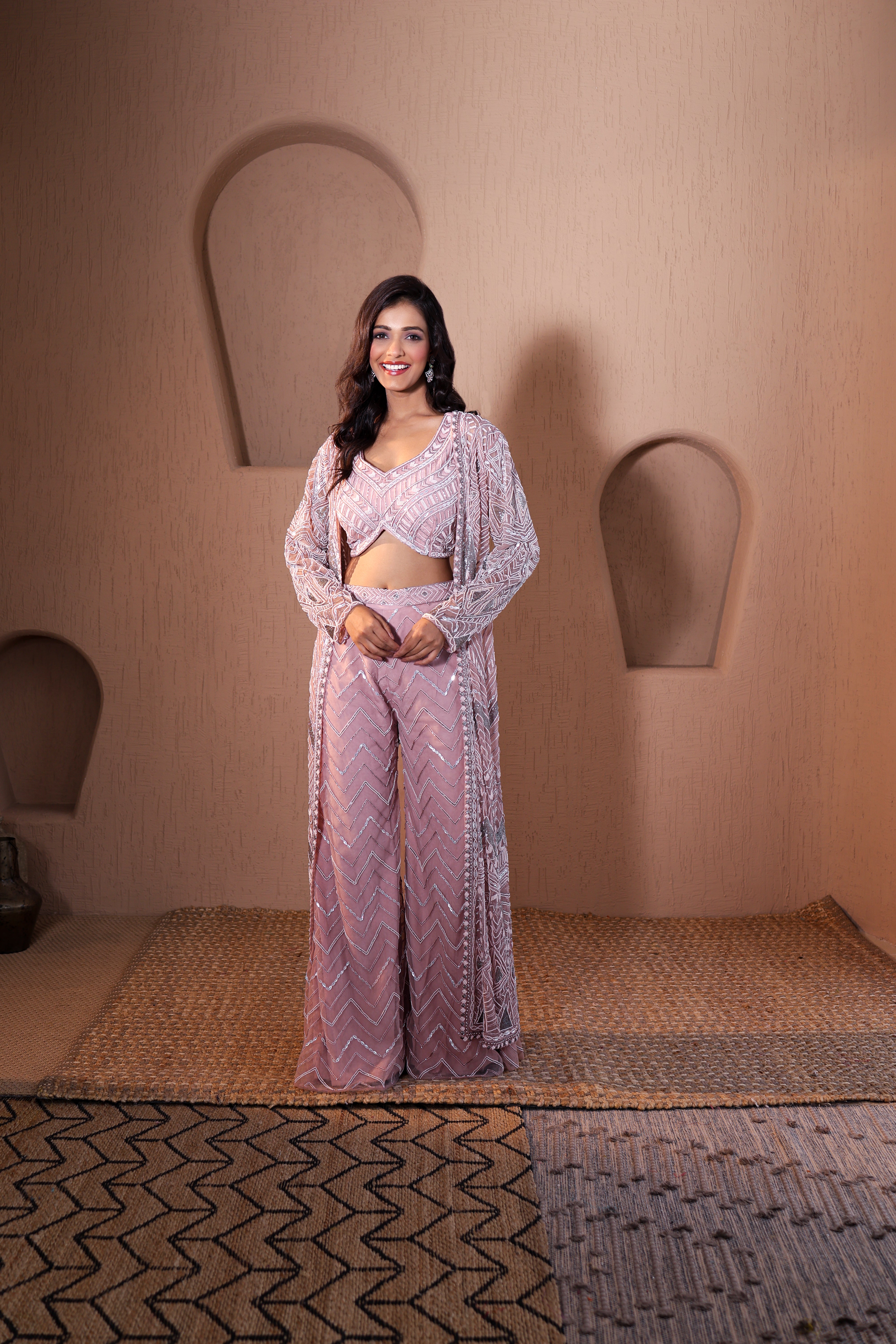 Peach Geometric Embroidered Jacket &amp; Pant Co-ord Set