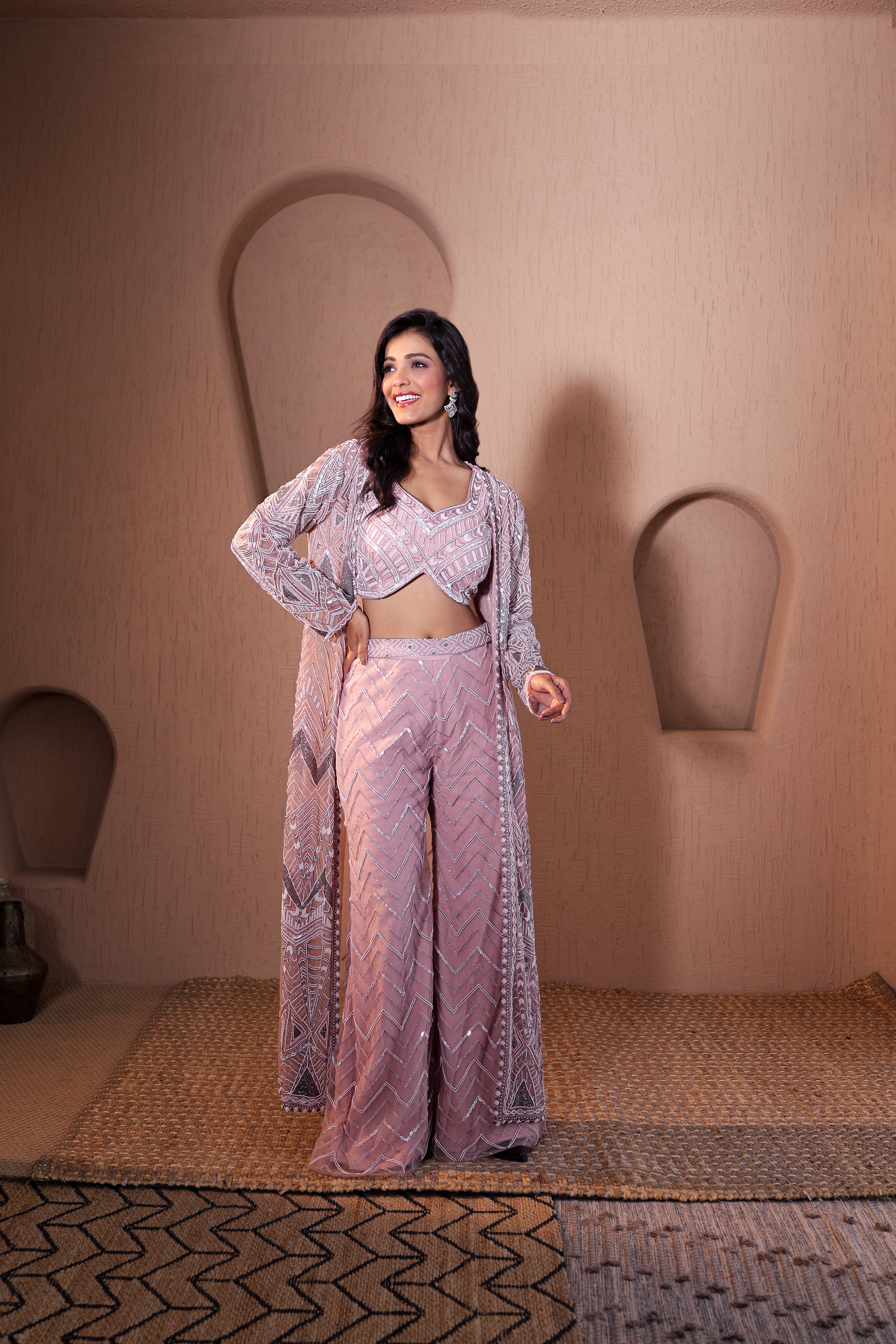 Peach Geometric Embroidered Jacket &amp; Pant Co-ord Set
