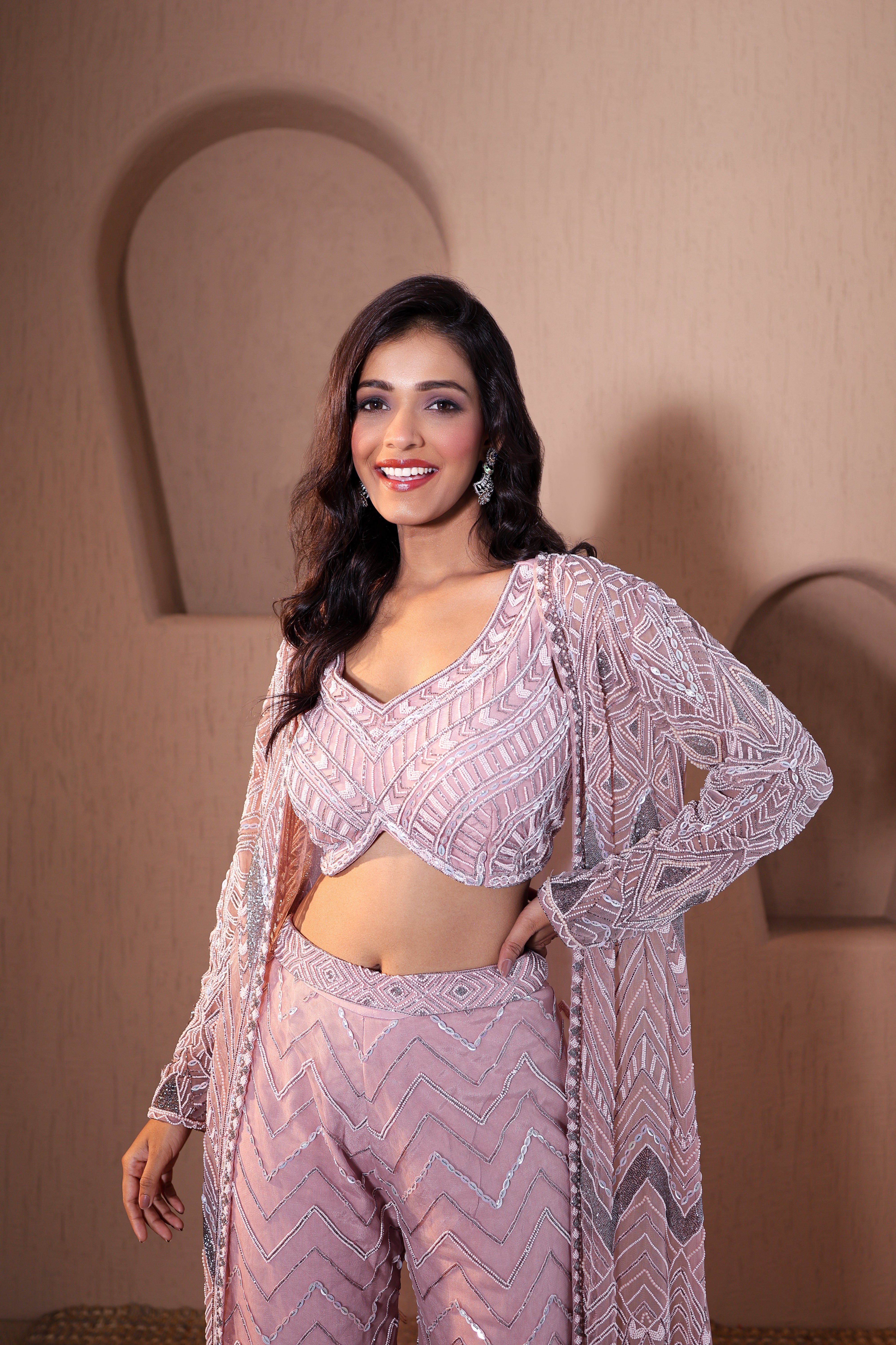 Peach Geometric Embroidered Jacket &amp; Pant Co-ord Set