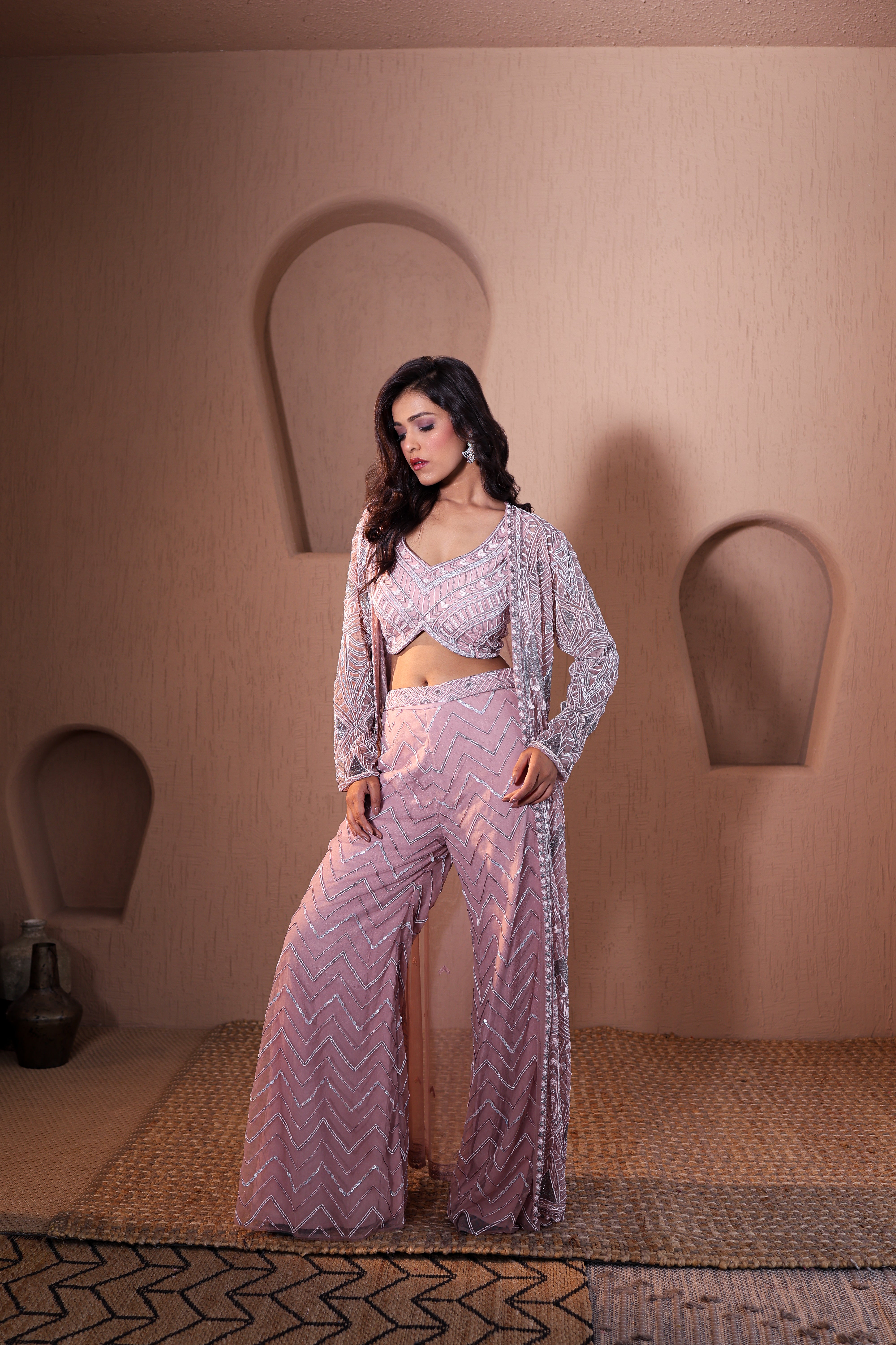 Peach Geometric Embroidered Jacket &amp; Pant Co-ord Set