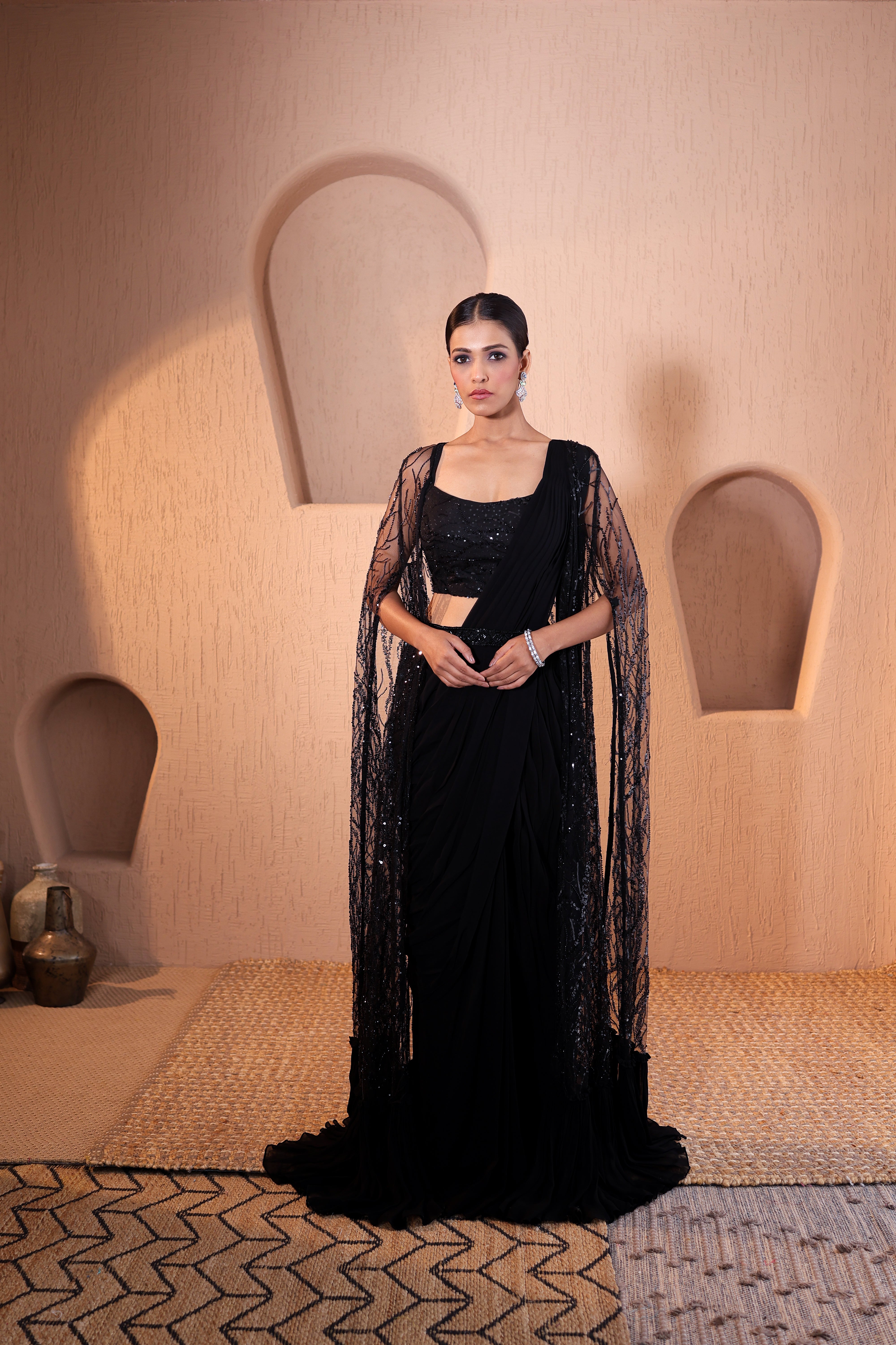 Black Georgette Drape Saree with Embellished Cutdana Cape