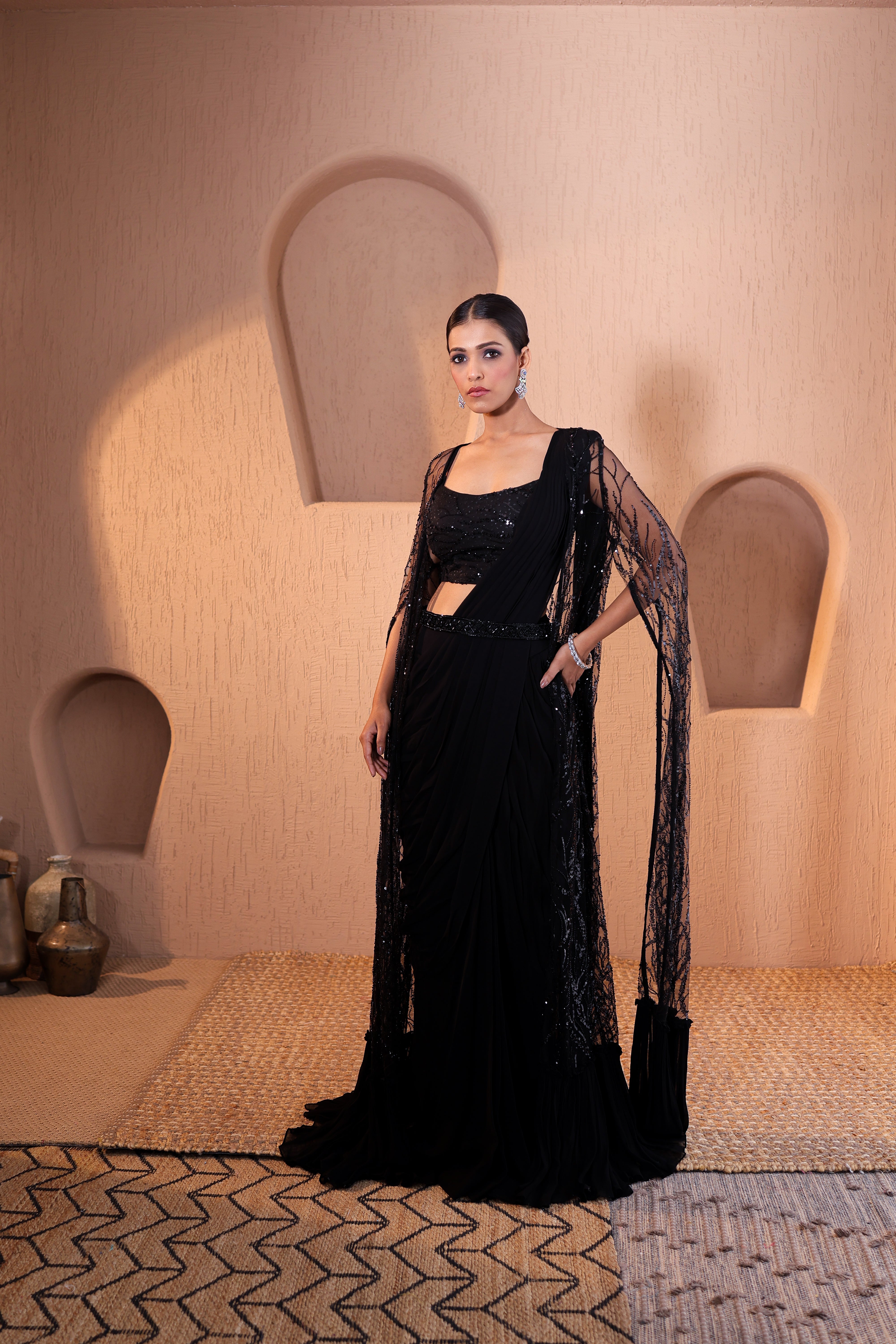 Black Georgette Drape Saree with Embellished Cutdana Cape