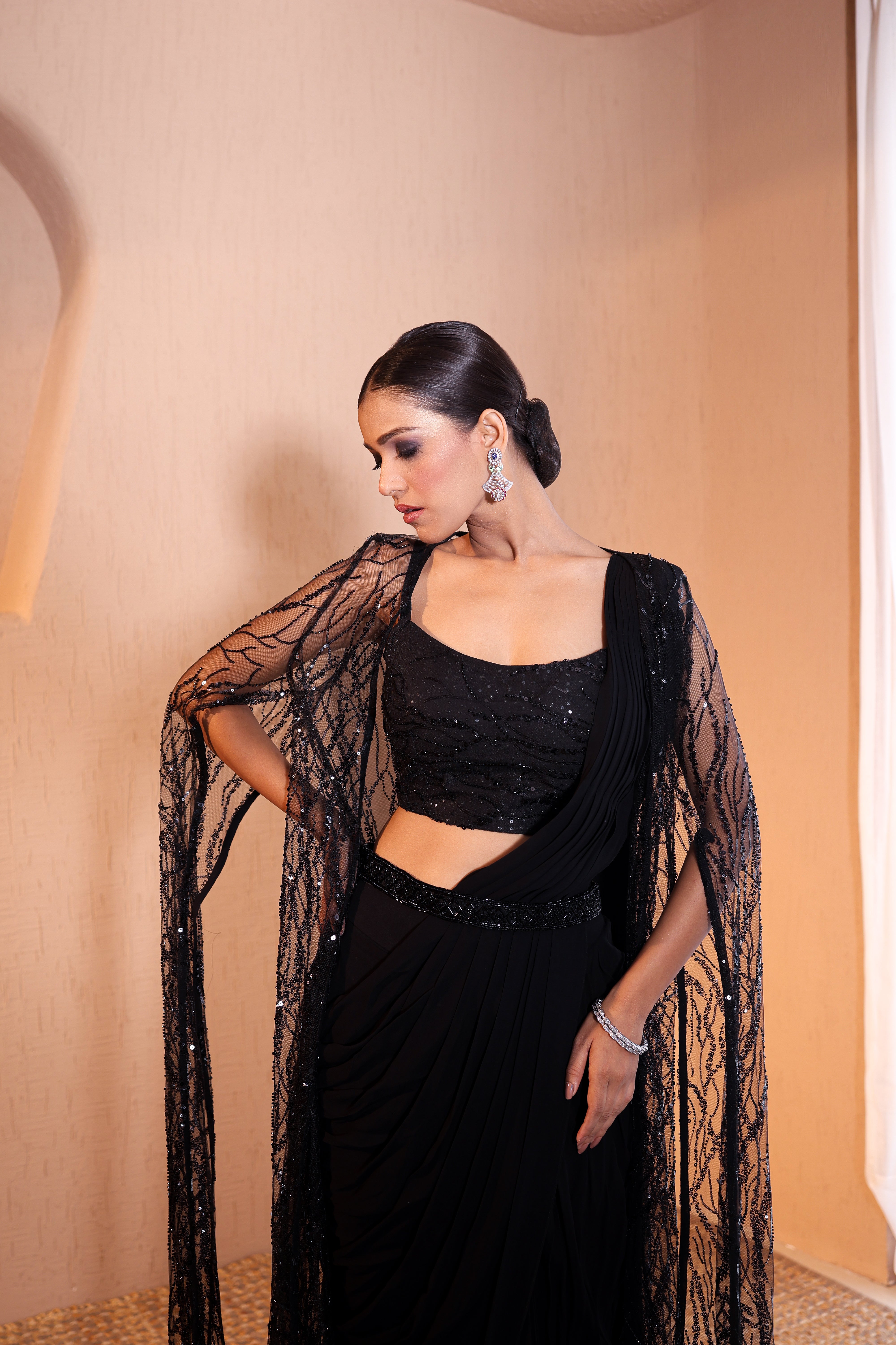 Black Georgette Drape Saree with Embellished Cutdana Cape